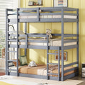 Triple Rubber Wood Bunk Bed With Two Built In Ladders, Guardrails, Twin Over Twin Over Twin, Detachable Triple Twin Bunk Bed,Grey Twin Grey Bedroom American Design Bed Frame Rubber Wood