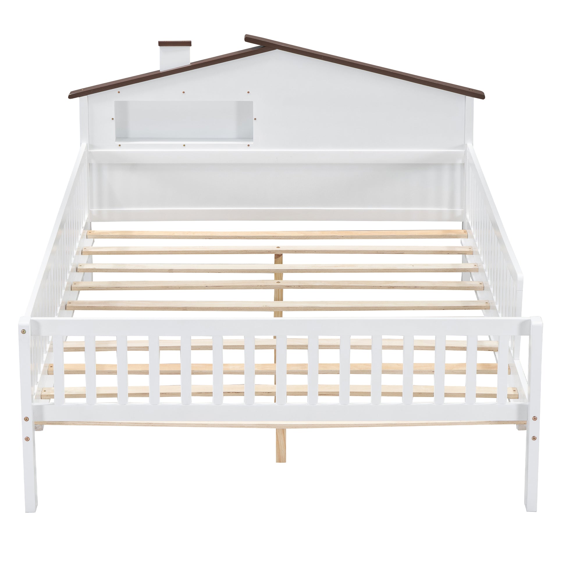 Full Size Wood Platform Bed With House Shaped Headboard, Led And Built In Storage, White Box Spring Not Required Full White Wood Bedroom Bed Frame Wood