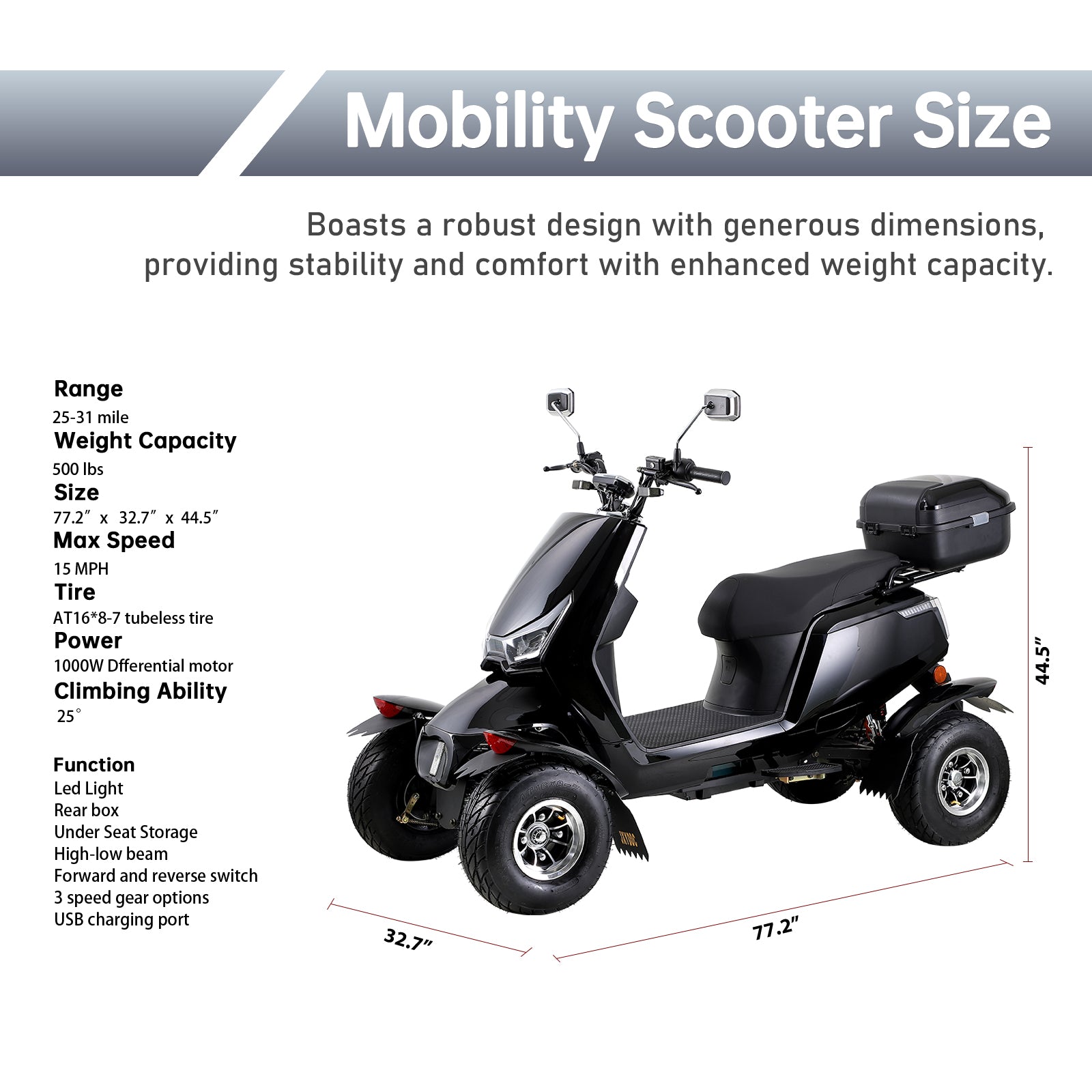 Electric Mobility Recreational Travel Scooter For Adults,Mobility Scooters For Seniors, 4 Wheel Powered Mobility Scooters Black Abs Pc