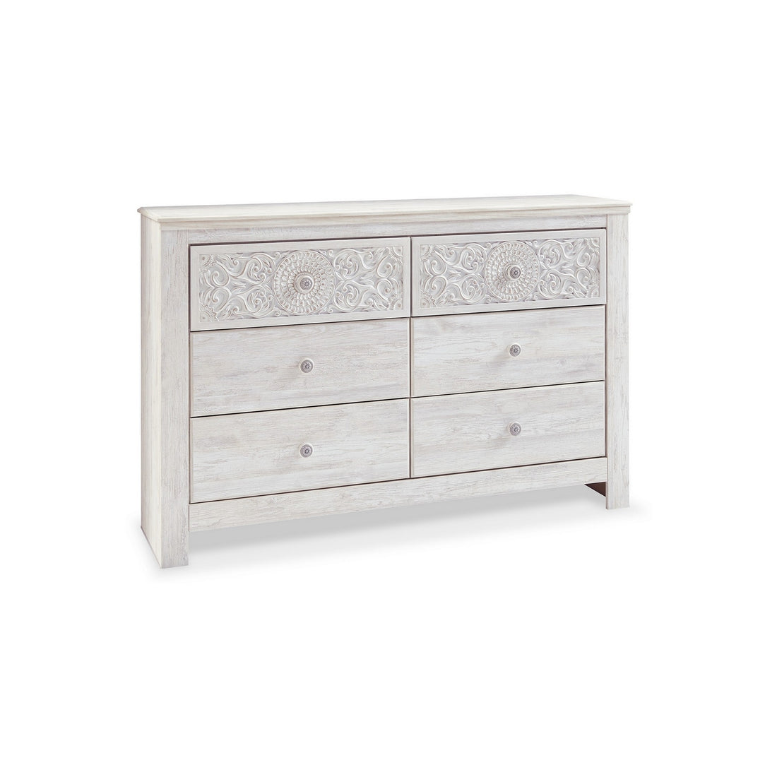 61 Inch Modern Wide Dresser, Whitewashed Wood, 6 Drawers, Medallion Details White Wood