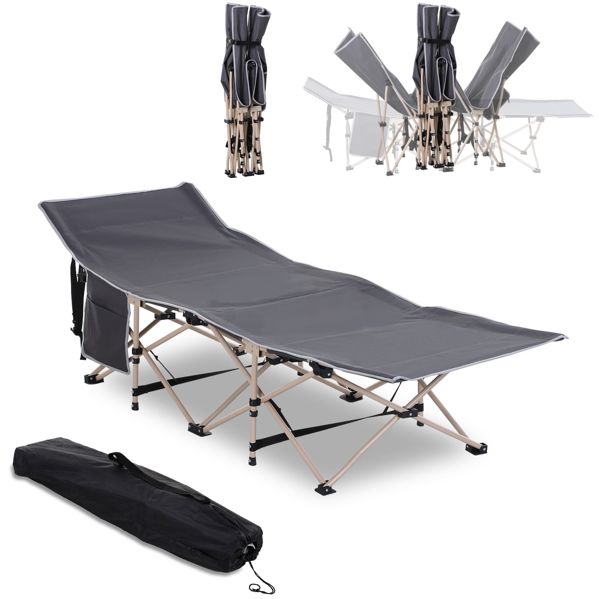 Outsunny Folding Camping Cot For Adults With Carry Bag, Side Pocket, Outdoor Portable Sleeping Bed For Travel, Camp, Vacation, 330 Lbs. Capacity, Gray Grey Steel