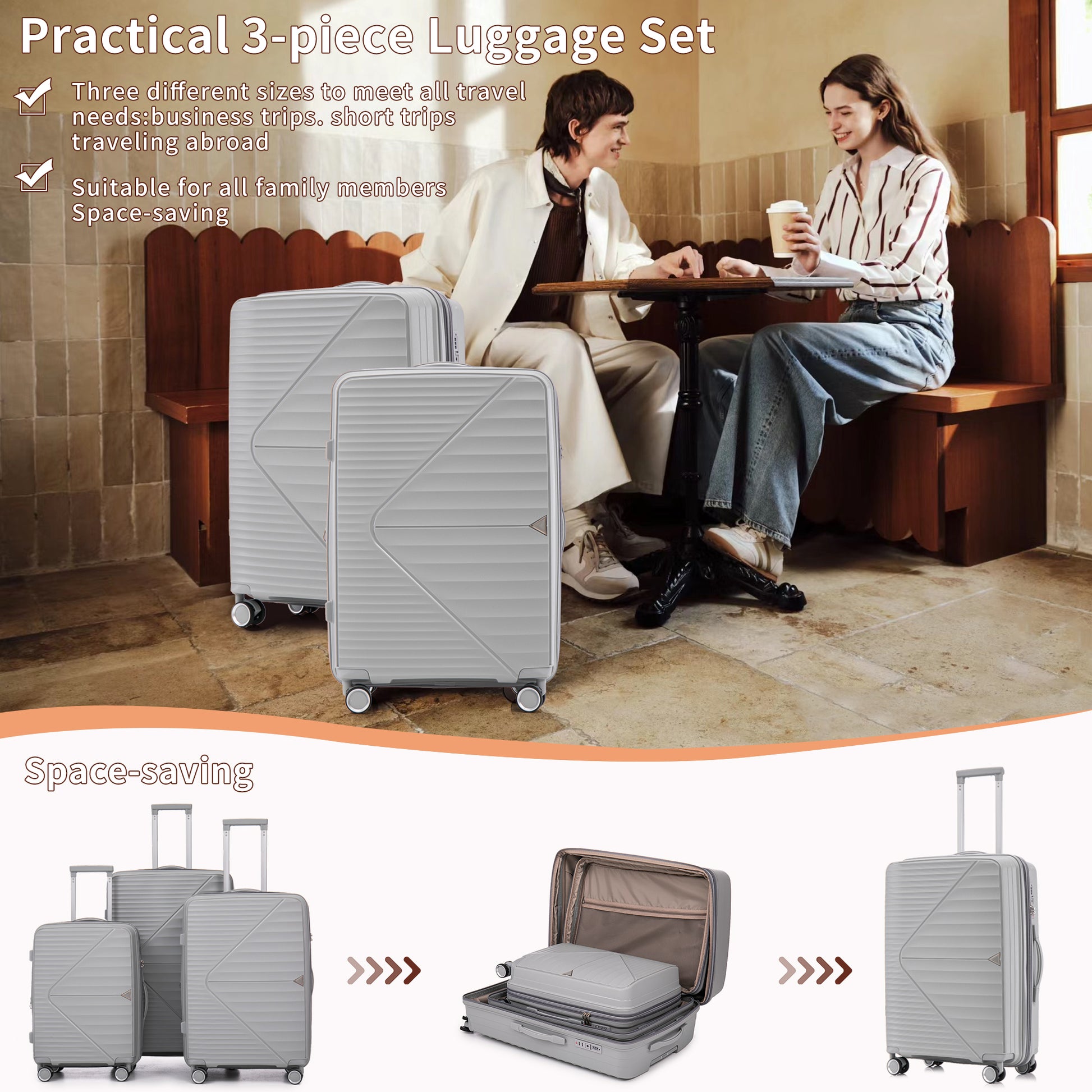 Pp Luggage Sets 3 Piece 20 24 28 , Expandable Carry On Luggage With Tsa Lock Airline Approved, Pp Materials Hard Shell And Lightweight Suitcase With Spinner Wheels Gray Gray Polypropylene