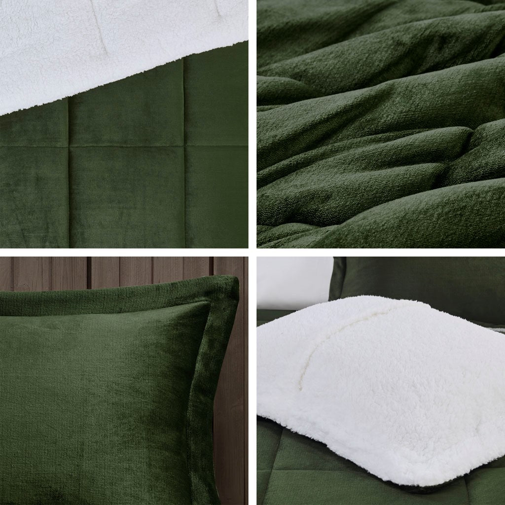 Plush To Sherpa Down Alternative Comforter Set Queen Green Ivory Polyester