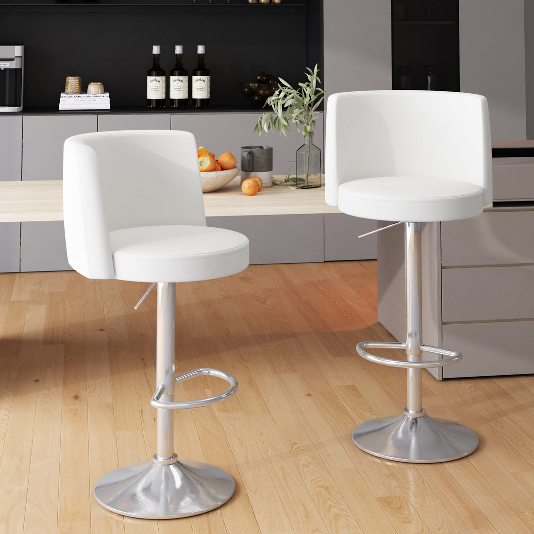 Steel Bar Stools,Grade Modern Leather Bar Chair With Backrest,Swivel Adjustable Height For Kitchen Counter And Dining Room White Metal