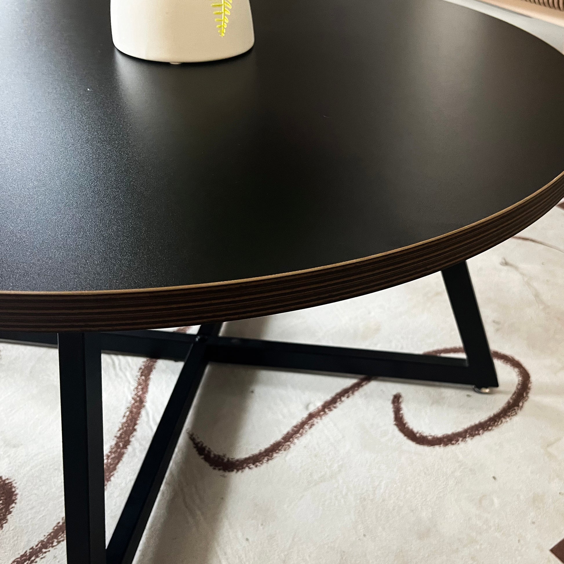 Round Coffee Table Wood Grain And Black Metal Black Brown Mdf Mdf Iron