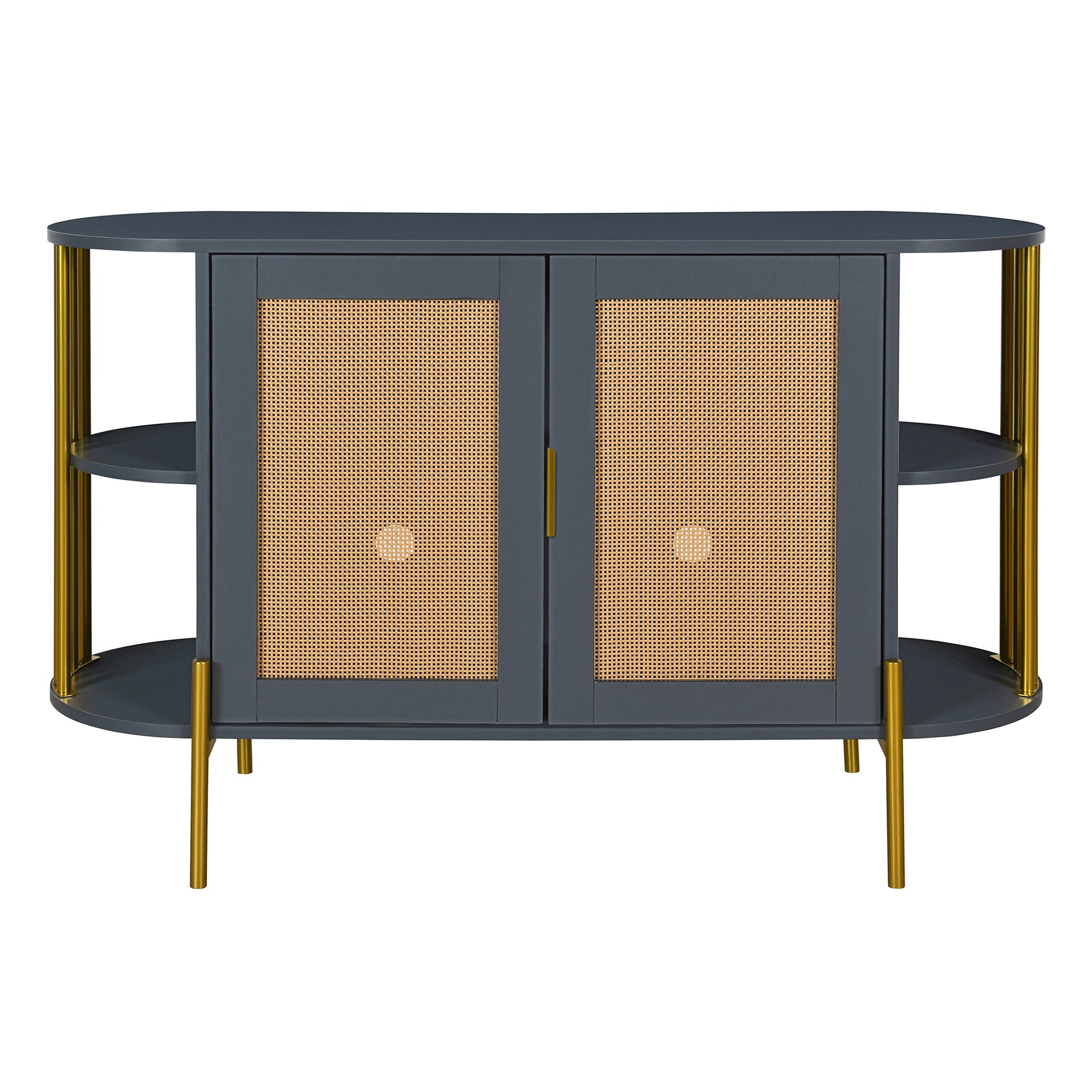 2 Door Elegant Curved Dining Cabinet With Gold Trim And Woven Rattan Doors For Dining Room Dark Gray Dark Gray Particle Board