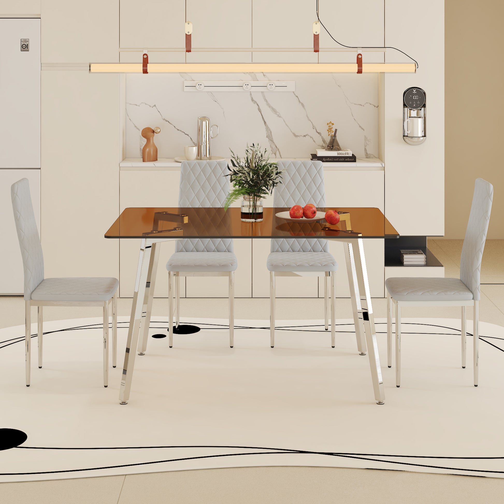 Table And Chair Set.Large Modern Rectangular Table With Brown Glass Top And Silver Metal Legs. Paired With 4 Light Gray Chairs With Checkered Armless High Back Pu Cushion And Silver Metal Legs. Light Gray,Silver Seats 4 Glass Metal