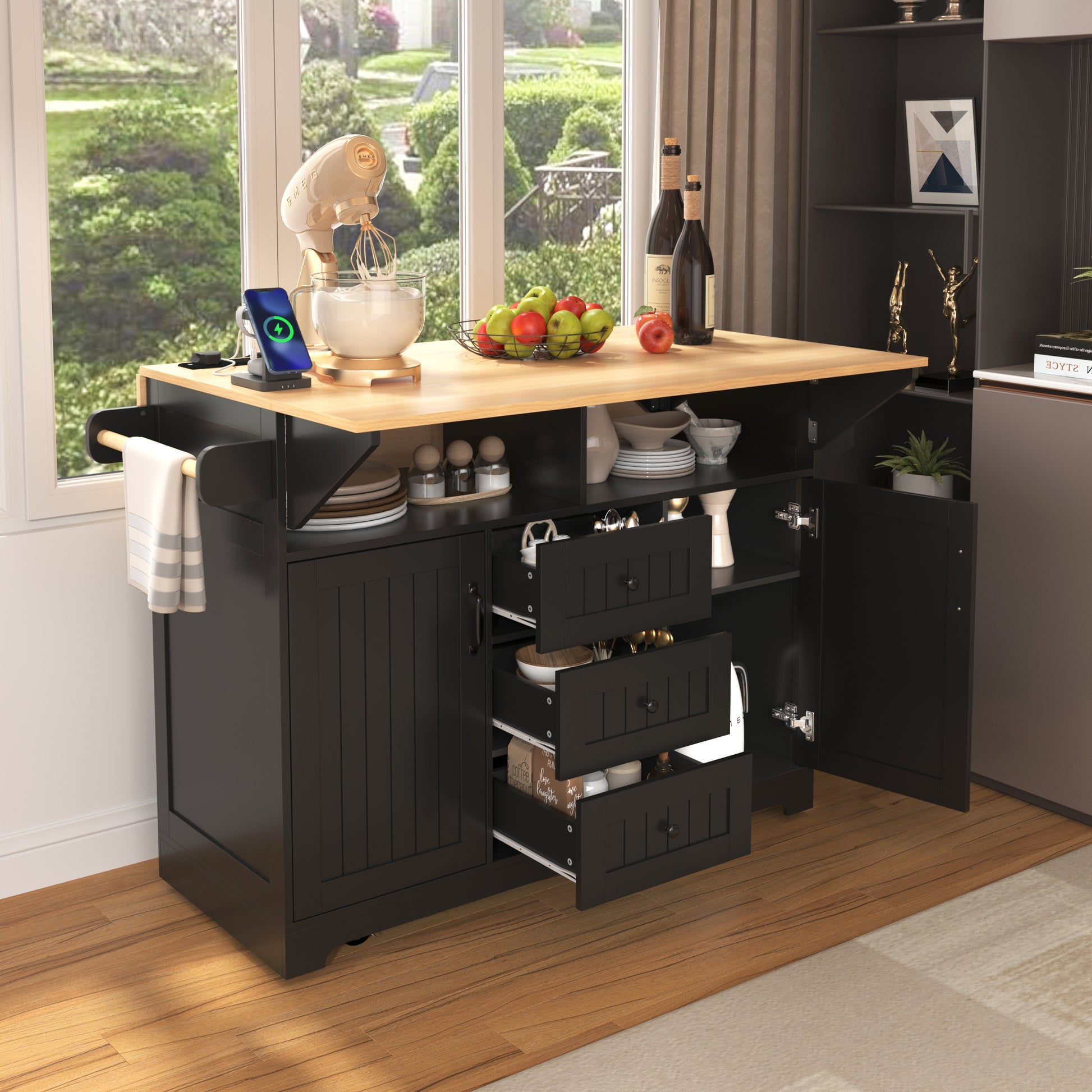 K&K 55.7'' Large Kitchen Island With 2 Drop Leaf, Rolling Kitchen Cart On 5 Wheels With Power Outlet, Folding Storage Dining Table With Spice & Towel Rack3 Drawers, For Kitchen, Dining Room,Black Black Brown Kitchen Classic,Farmhouse,Luxury,Modern