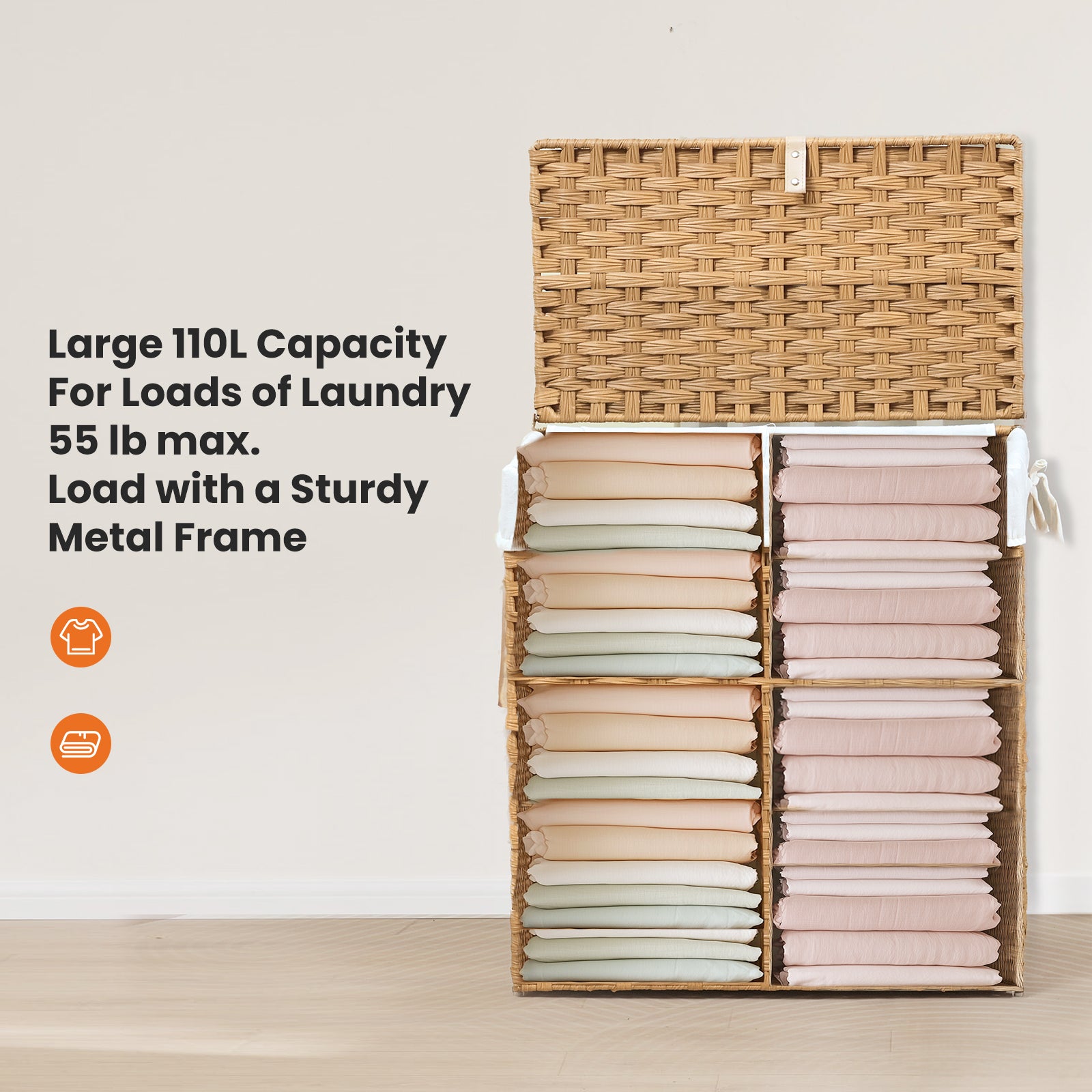 Laundry Basket With Lid, 110 L Hand Woven Pp Rattan Laundry Basket With Compartments & Handles, Foldable, Removable Liner Yellow Polyethylene