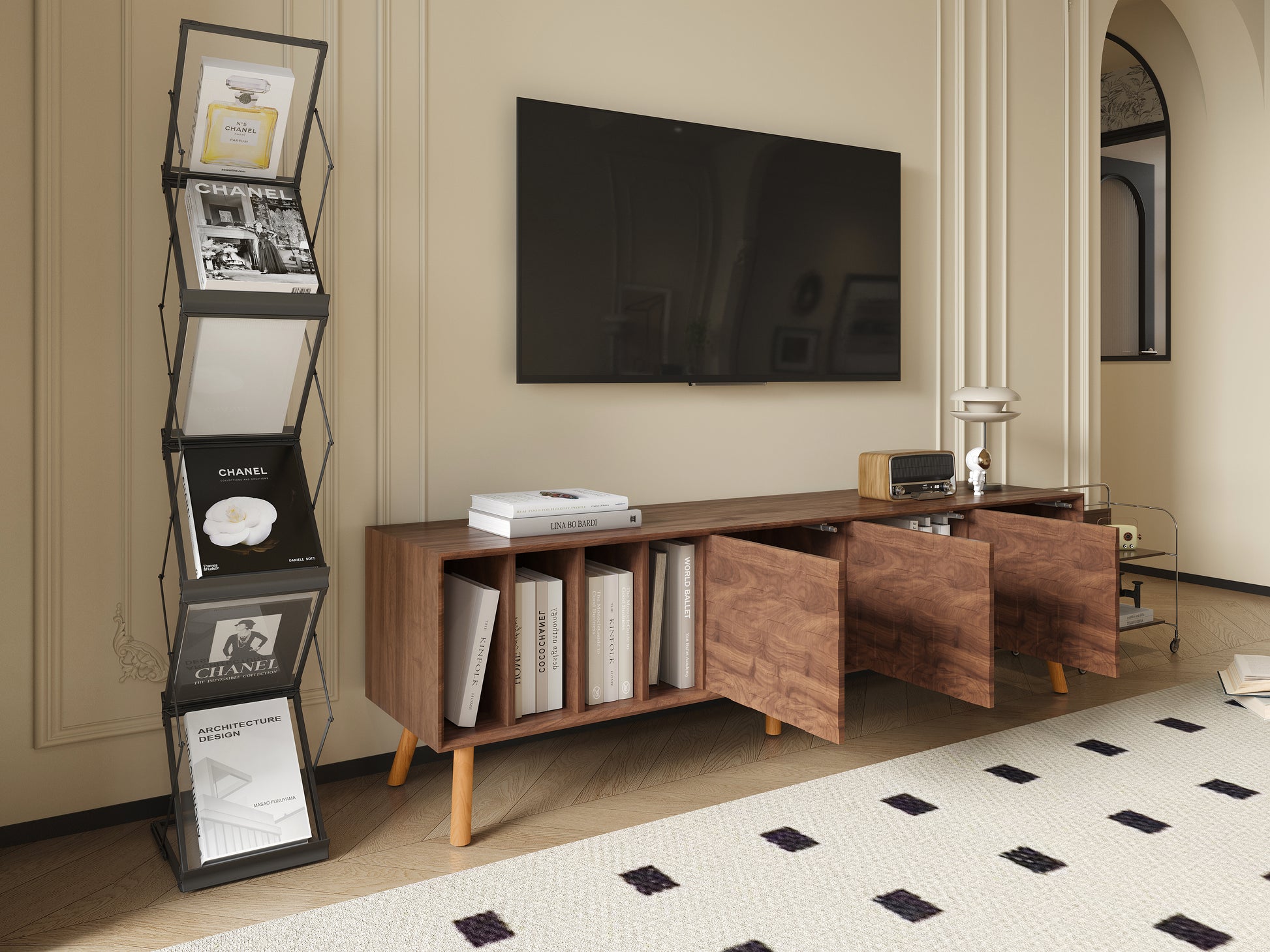 70" Mid Century Modern Tv Stand, Media Console Table For Tvs Up To 80'', Entertainment Center With 5 Solid Wood Legs For Living Room, Bedroom Walnut Primary Living Space 70 79 Inches 70 79 Inches