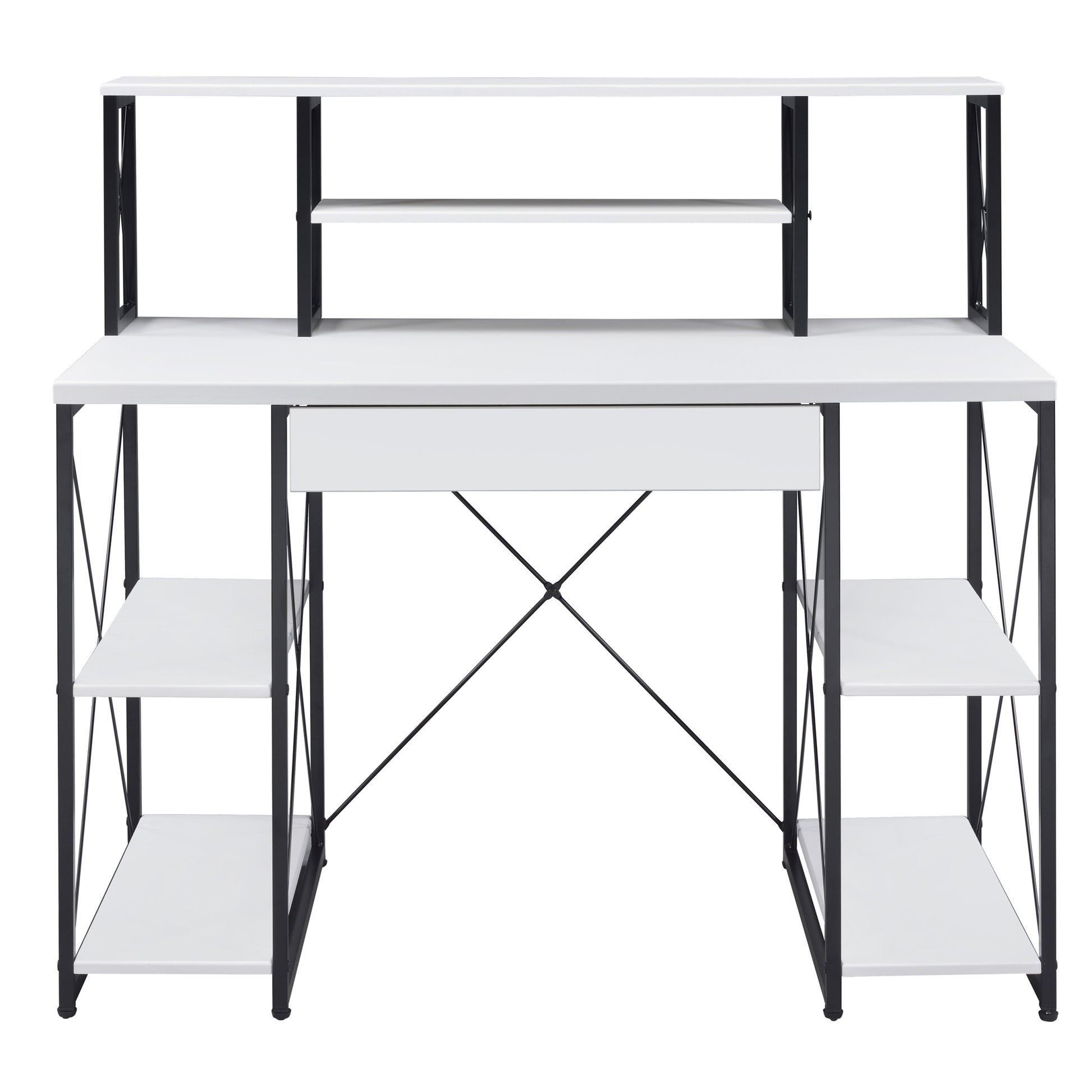 White And Black Office Desk With Open Shelves And Hutch White Black Writting Desk Office Rectangular Shelves Wood Metal Sled