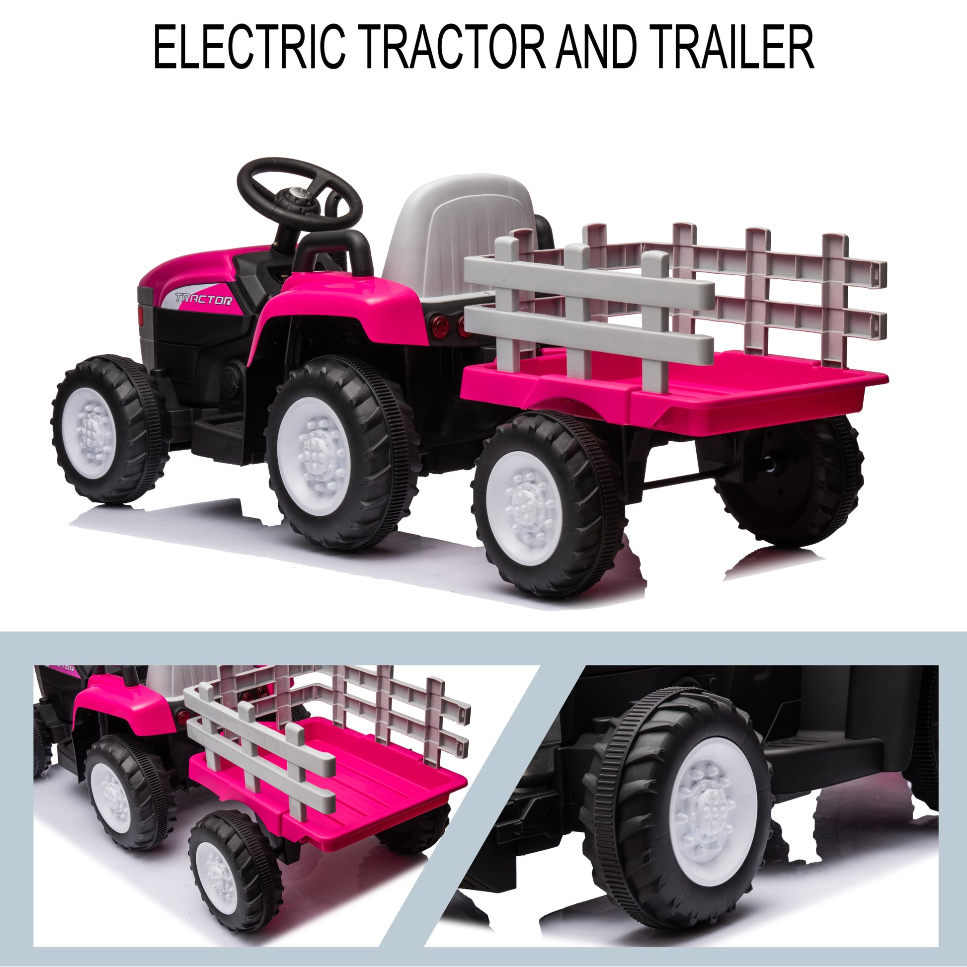 Pink, 12V7Ah Battery Powered Toy Tractor With Trailer, Remote Control, Kids' Electric Excavator Vehicles With 2X35W Dual Motor, Treaded Tires, Led Lights, Usb, Music, Safety Belt Gift Childrens Day Pink 50 99 Lbs Iron Plastic Iron Plastic Indoor &