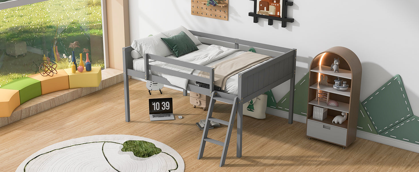 Full Size Wood Low Loft Bed With Ladder, Ladder Can Be Placed On The Left Or Right, Gray Old Sku:Gx000366Aae Box Spring Not Required Full Gray Wood Bedroom Solid Wood Mdf