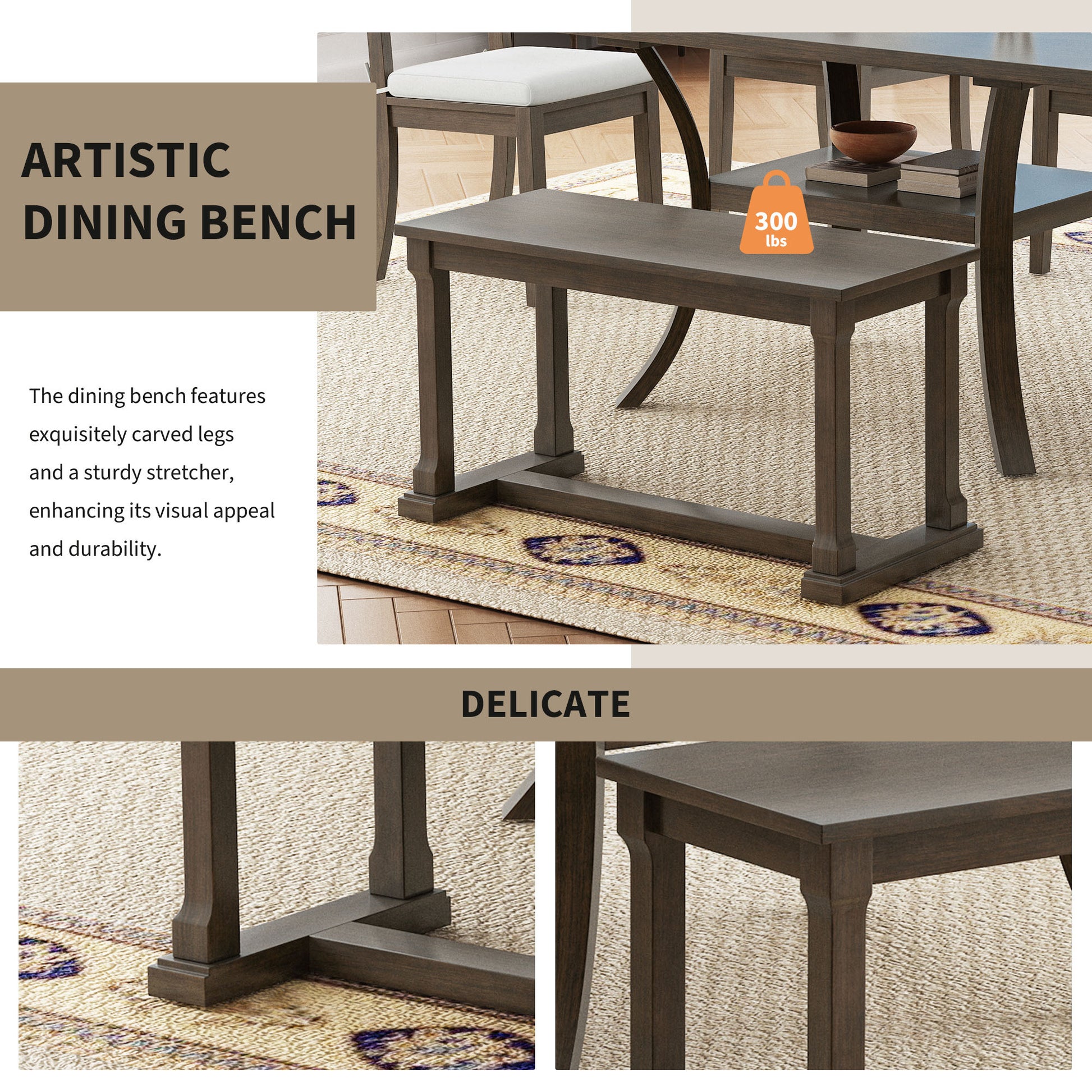 6 Piece Wood Dining Table Set With Storage Shelf And Curved Legs, Kitchen Table Set With Bench And 4 Removable Cushions Dining Chairs, Modern Style, Brown Gray Cushion Wood Dining Room Solid Wood Rubberwood Rectangular Dining Table With Bench Wood Wood