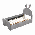 Twin Size Velvet Platform Bed With Rabbit Shaped Headboard, With Drawers, With Bed End Storage Pocket, Gray Twin Gray Plywood