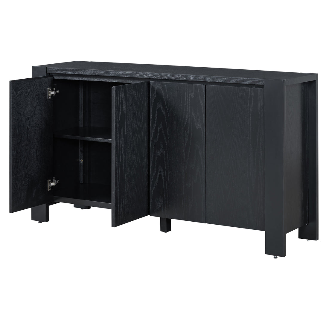 Retro 4 Door Sideboard With Distressed Finish And Adjustable Shelves For Dining Room, Kitchen, And Living Room Black Black Mdf,Rubber Wood