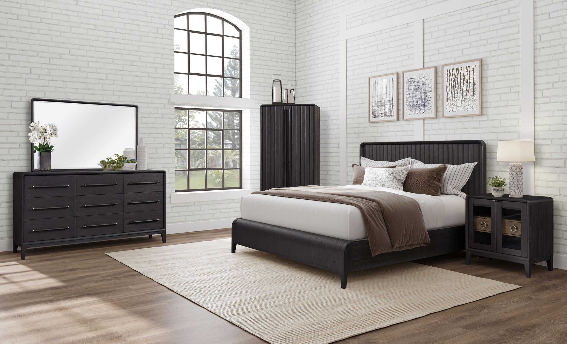 Queen Waterfall Panel Bed Black Solid Wood Mdf