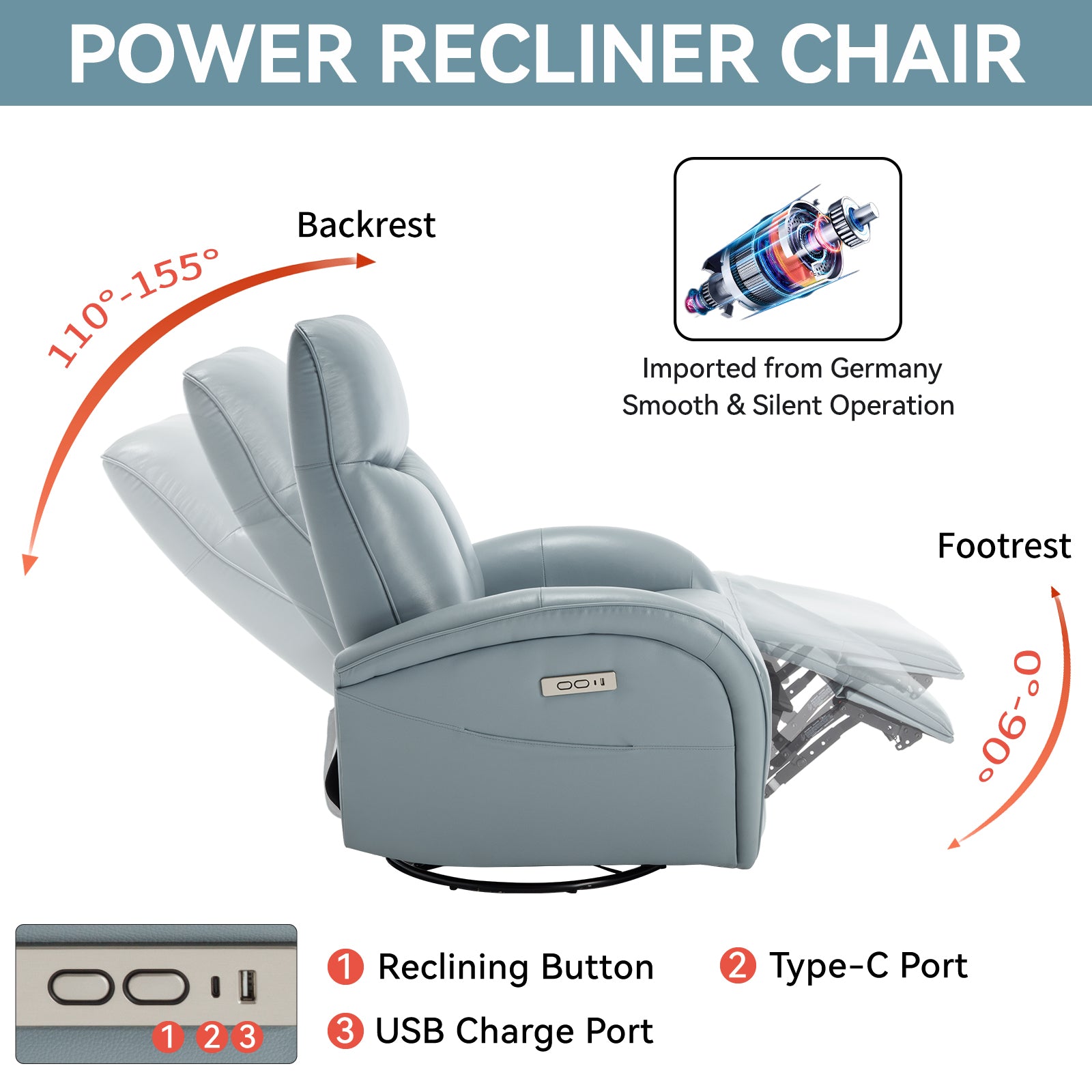 Blue Genuine Leather Swivel And Rocker Power Recliner Chair With Lumbar Support, Max Swivel Degree 270 , Heavy Duty Motion Mechanism With Usb And Type C Blue Genuine Leather Power Push Button Metal Primary Living Space Medium Firm Pillow Back Heavy Duty