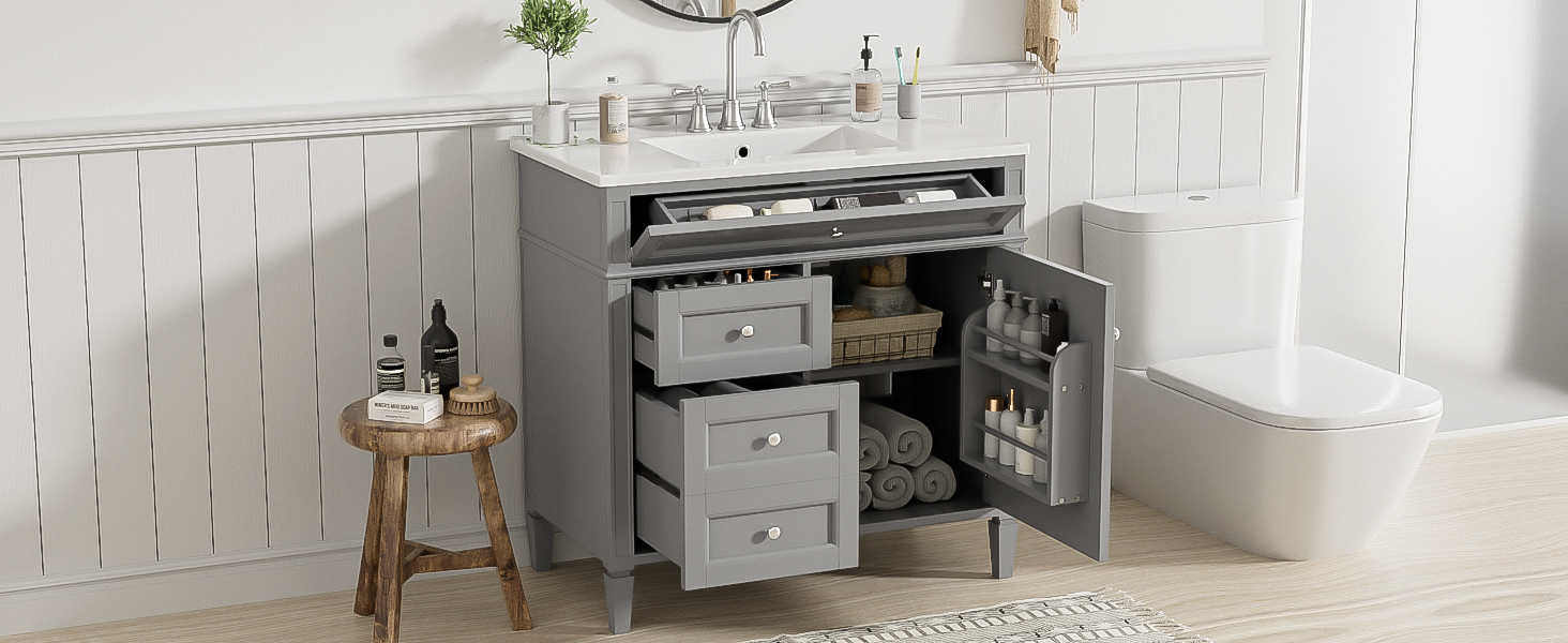36'' Bathroom Vanity With Top Sink, Modern Bathroom Storage Cabinet With 2 Drawers And A Tip Out Drawer, Single Sink Bathroom Vanity Grey Bathroom Solid Wood Mdf Ceramic,Solid Wood Mdf