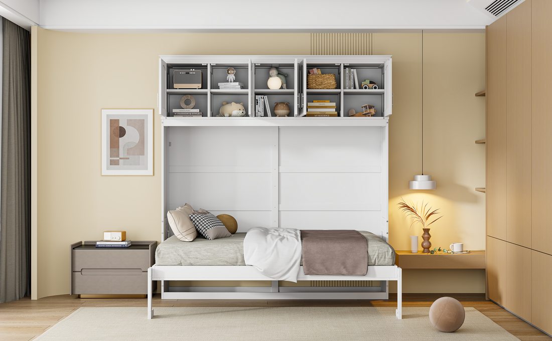 Full Size Murphy Bed Wall Bed With Top Cabinets,White Full White Plywood