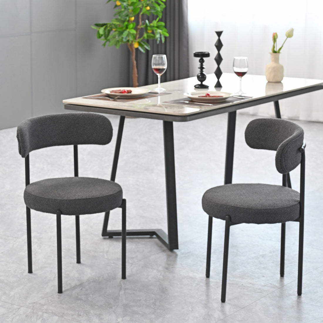 Grey Boucle Dining Chairs Set Of 2,Mid Century Modern Curved Backrest Chair,Round Upholstered Kitchen Chairs Metal Grey Dining Room Round Modern Velvet