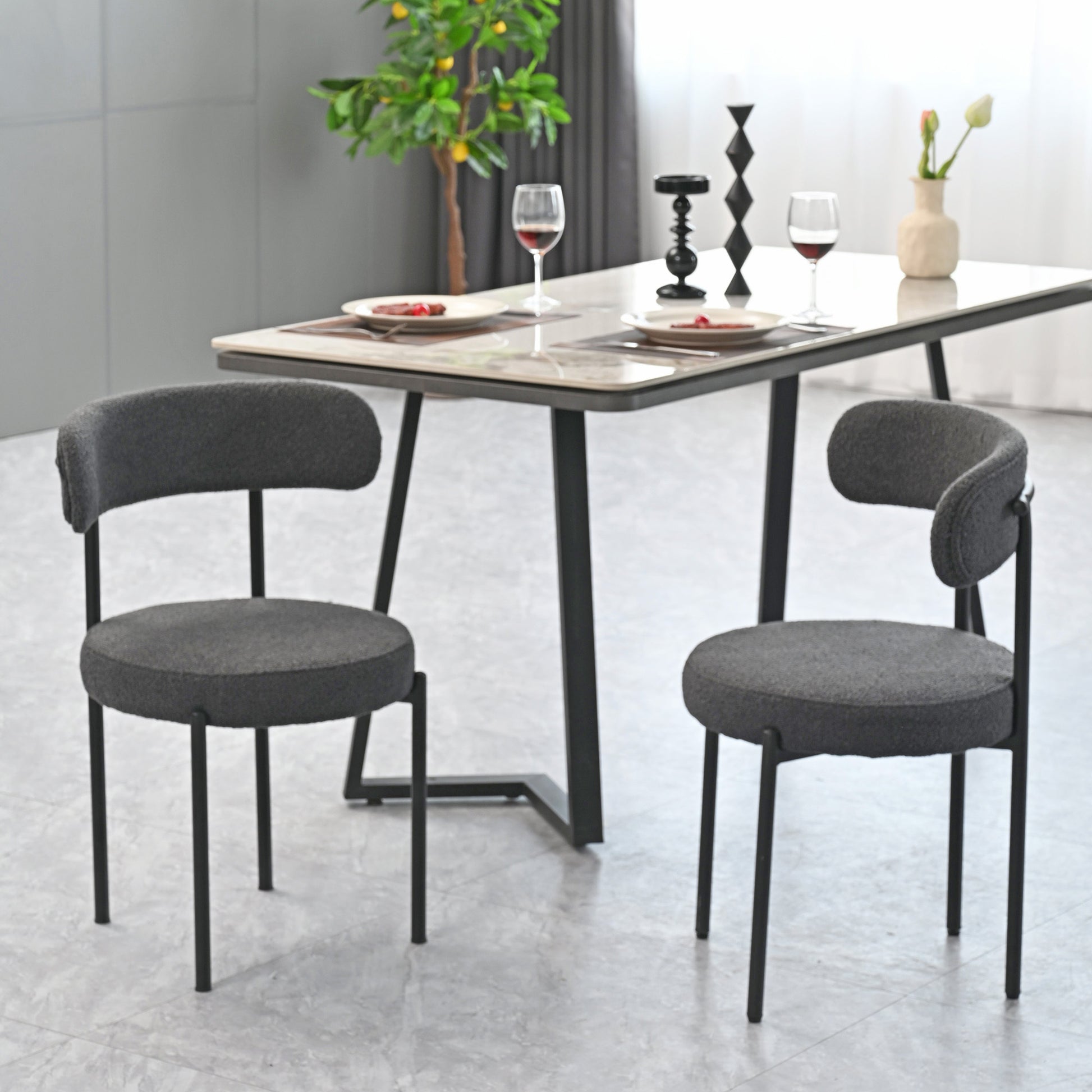 Grey Boucle Dining Chairs Set Of 2,Mid Century Modern Curved Backrest Chair,Round Upholstered Kitchen Chairs Metal Grey Dining Room Round Modern Velvet
