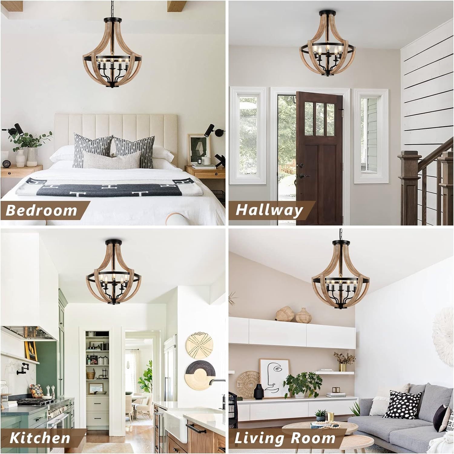 19" Farmhouse Chandelier Light Fixtures, 5 Light Dining Room Light Fixtures Over Table, Solid Wood Modern Chandeliers For Dining Room Living Room Kitchen Island Bedroom Foyer, Height Adjustable, Brown Wood Wood Metal