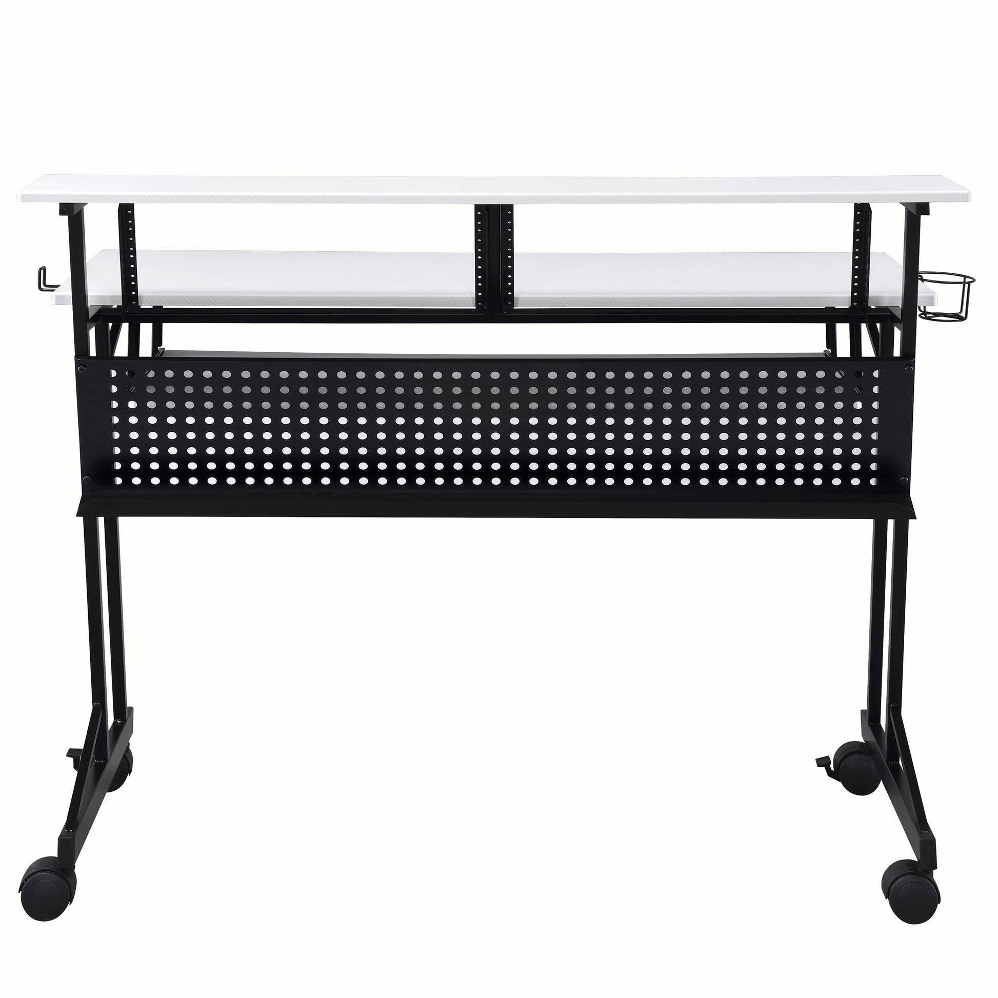 White And Black Music Recording Studio Desk With Metal Base White Black Keyboard Tray Computer Desk Office Rectangular Shelves Wood Metal