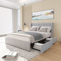 Queen Size Bed Frame With 4 Storage Drawers And Wingback Headboard, Button Tufted Design, Light Grey Queen Light Gray Linen