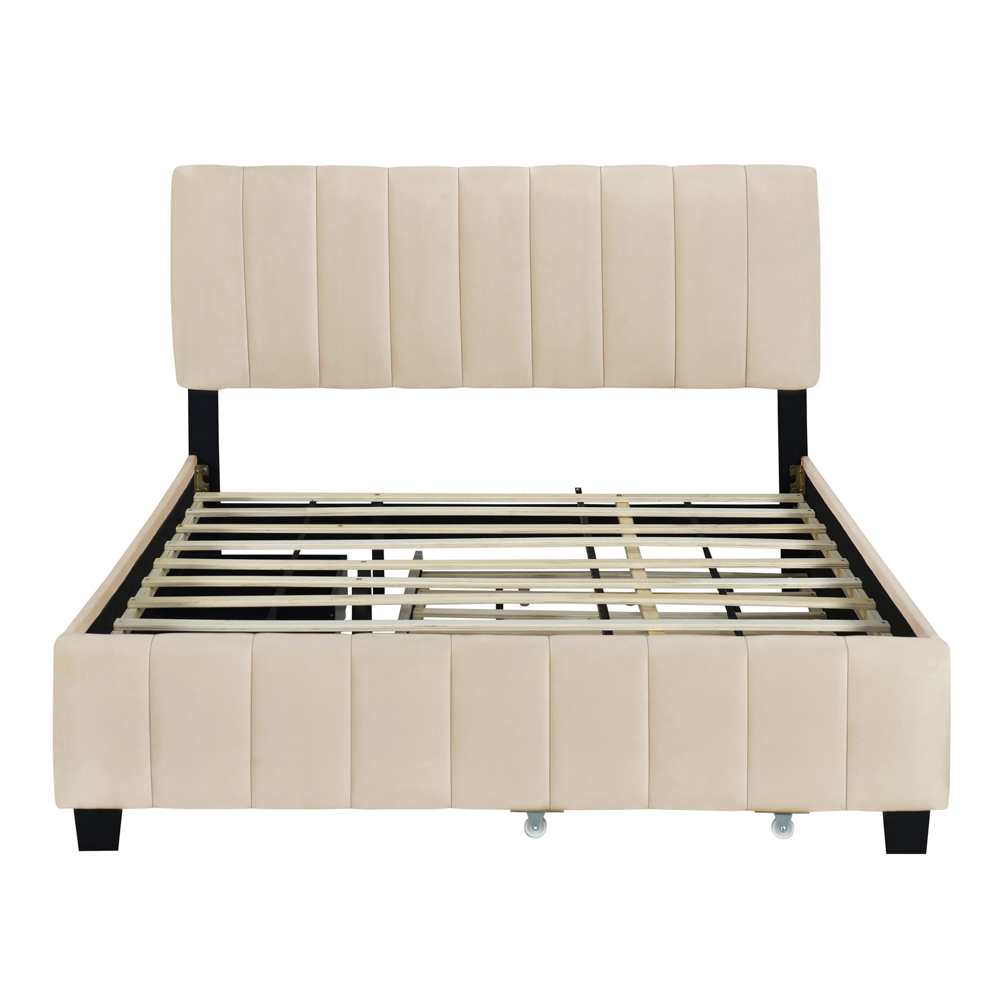 Queen Size Velvet Upholstered Platform Bed With 2 Drawers And 1 Twin Xl Trundle Beige Queen Beige Upholstered