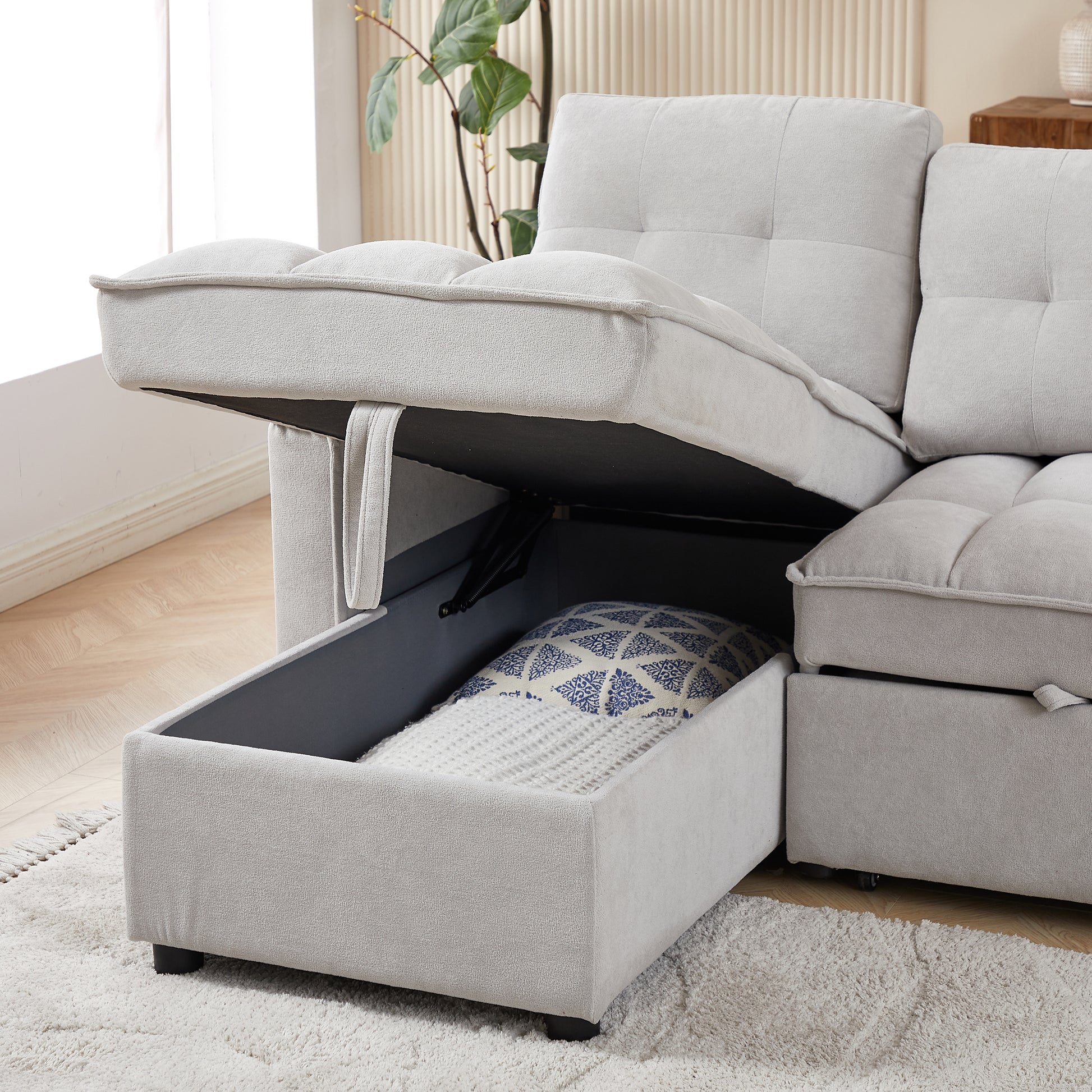 Mh 78.75" Reclining Sofa, Pull Out Sofa Bed With Usb And Tape C Charging Ports, L Shaped Sectional Sofa With Reclining Storage And Arm Side Organizer Pocket Features, Living Room Comfort Sofa Light