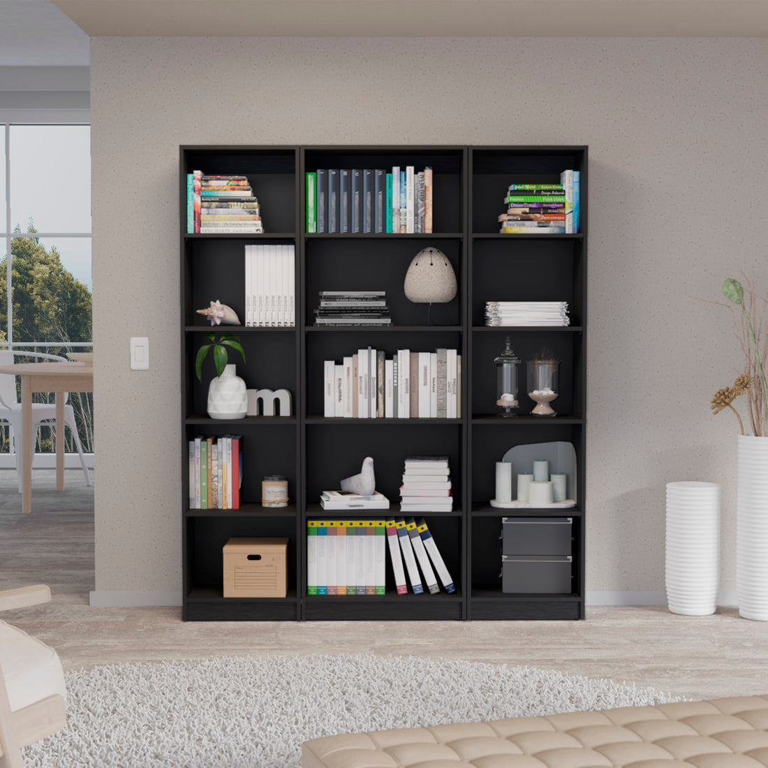 Bartow 3 Piece Home Bookcase Set, 60" Wide With 15 Shelvesliving Room Set Set Black Black Office Modern Particle Board