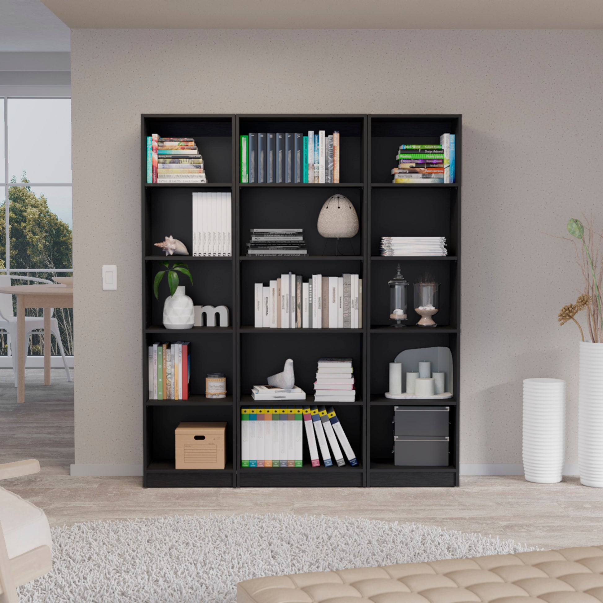 Bartow 3 Piece Home Bookcase Set, 60" Wide With 15 Shelvesliving Room Set Set Black Black Office Modern Particle Board