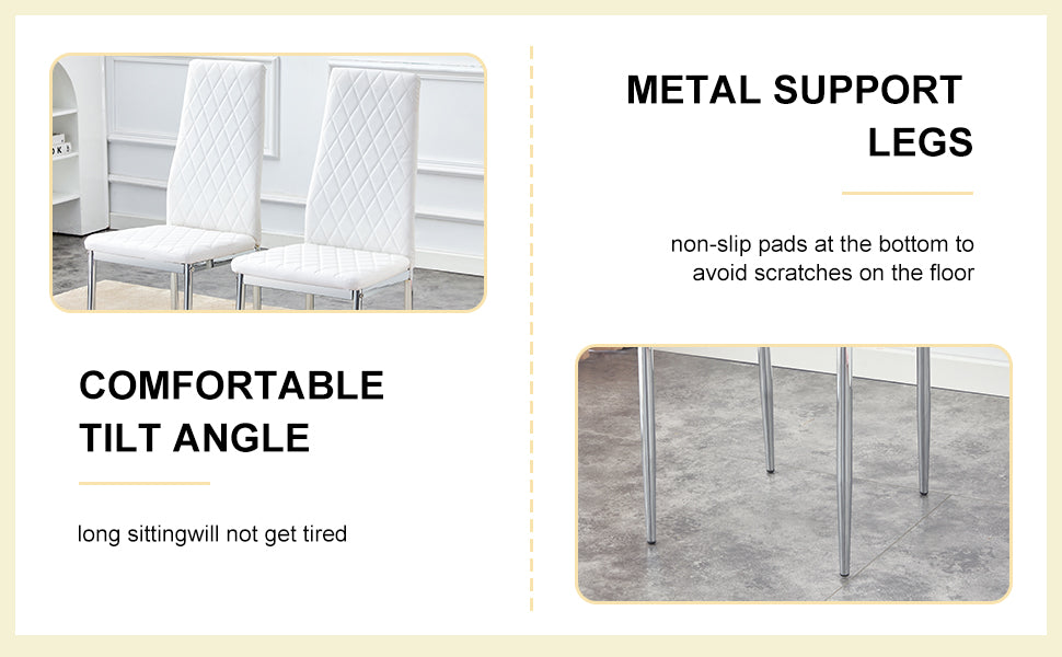 Table And Chair Set.Large Modern Rectangular Table With Brown Glass Top And Silver Metal Legs. Paired With 6 White Chairs With Checkered Armless High Back Pu Cushion And Silver Metal Legs. Silver,White Seats 6 Glass Metal