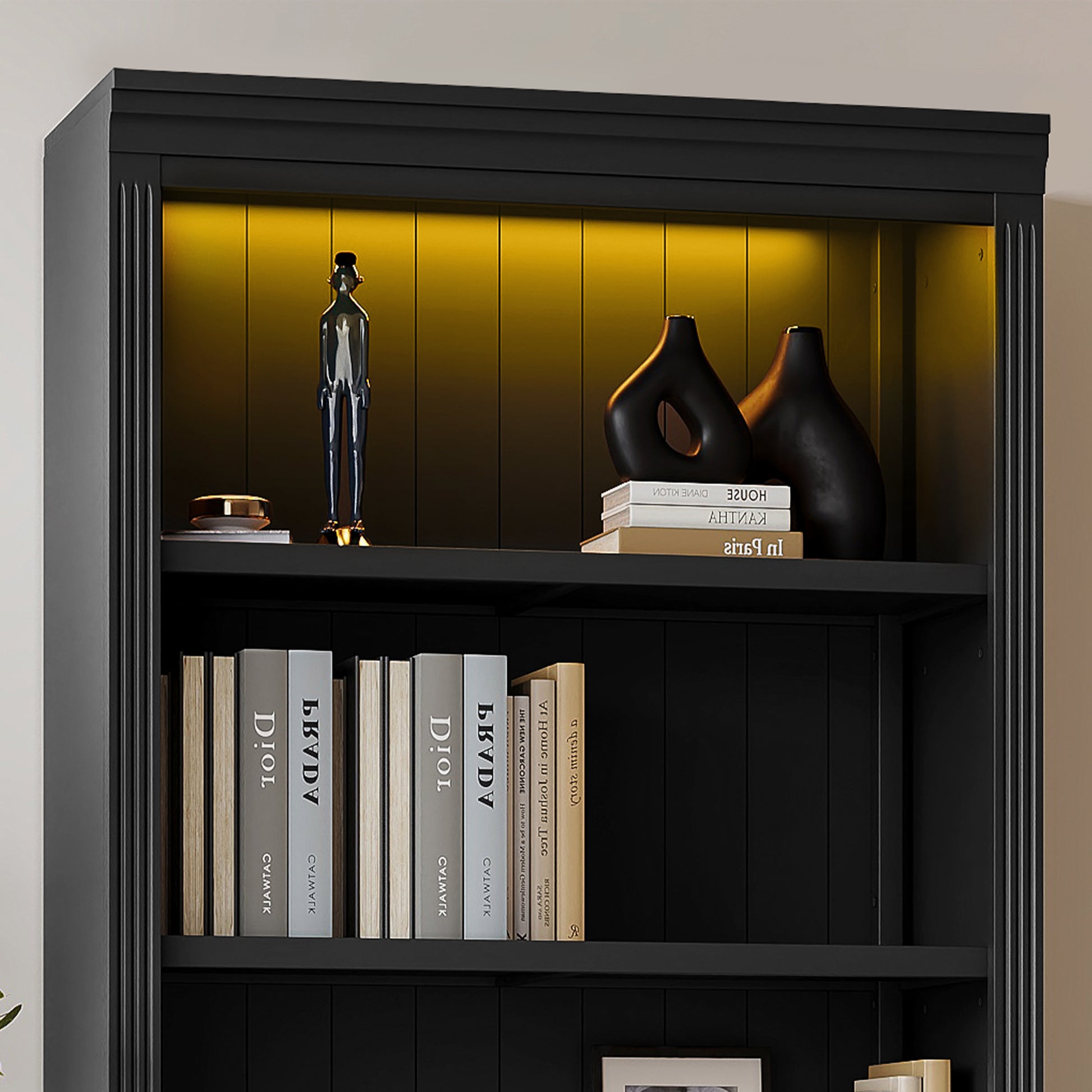 83.4" Tall Wood Bookcase With Light Strip,5 Tier Decor Bookshelves With Adjustable Shelves,Storage Organizer For Cds Books Movies,Free Standing Storage Shelves For Living Room,Home Office,Black