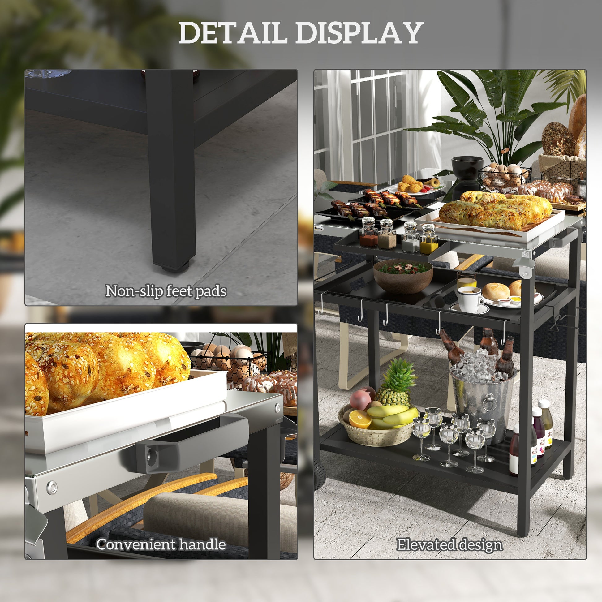 Outsunny Outdoor Bar Cart With Stainless Steel Tabletop, Kitchen Island With Wheels, 2 Tiers & Seasoning Shelf, Patio Serving Cart With Hooks, Towel & Garbage Bag Holder, Plates & Spice Jars, Black Black Steel