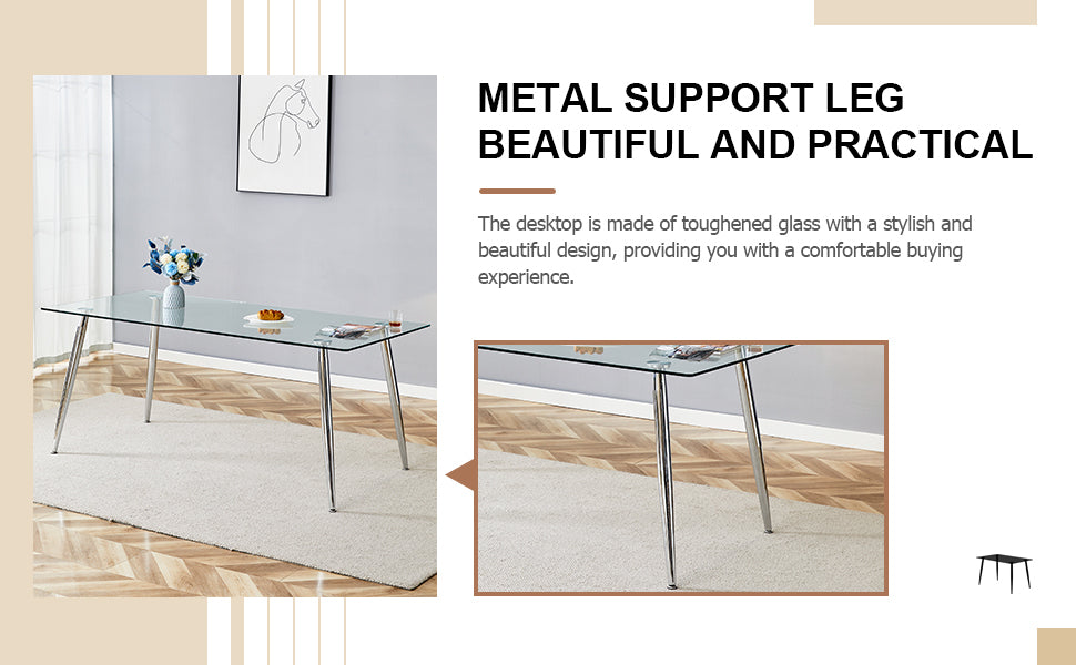 Table And Chair Set.Modern Rectangular Glass Dining Table With A Tempered Glass Tabletop And Silver Metal Legs, Paired With Multiple Chairs Designed With Pu Cushions And Silver Metal Legs. Black Silver Seats 8 Tempered Glass