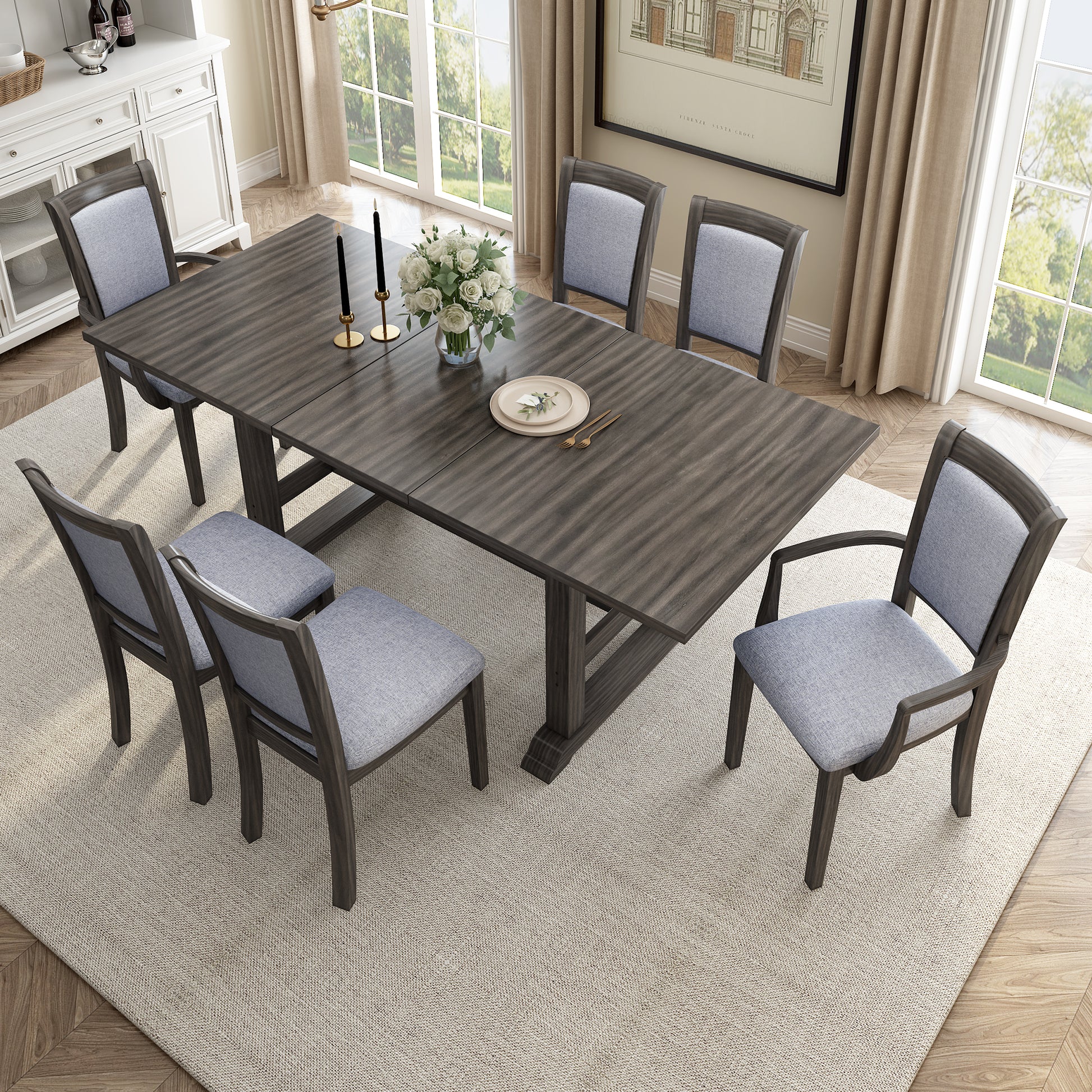 7 Piece Updated 76.9Inch Extendable Trestle Dining Table Set With Removable Leaf, Kitchen Table Set With Upholstered Side Chair And Arm Chair, Set Of 6, Grey Brown Wood Dining Room Solid Wood Rubberwood Rectangular Dining Table With Chair Upholstered