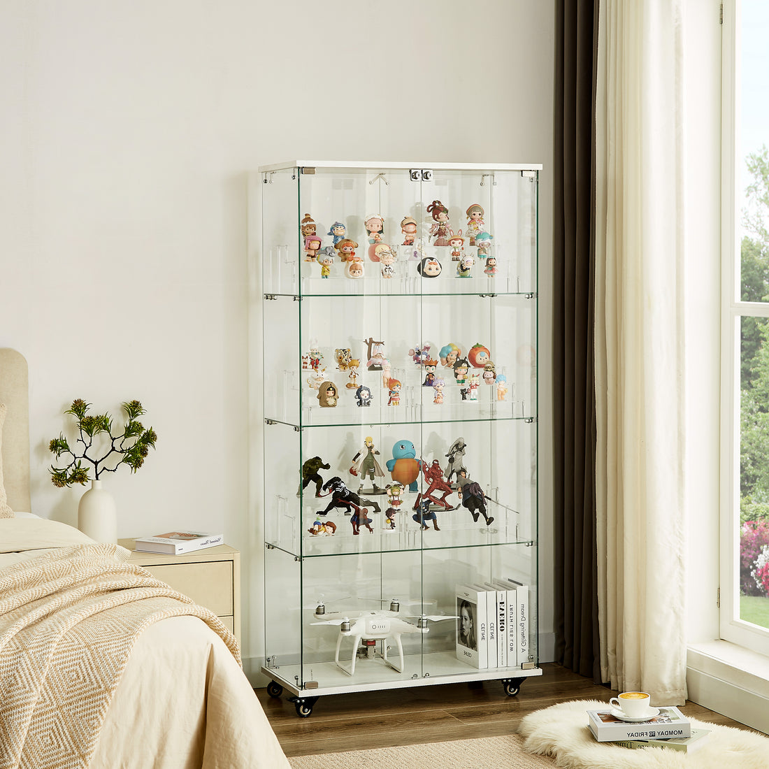 4 Tier Glass Display Cabinet, Double Door Glass Cabinet With Two Locks, Floor Standing Storage Cabinet With 6 Acrylic Shelves For Living Room, Bedroom And Office, White, 31.5"L X 14.2"W X 65.1"H