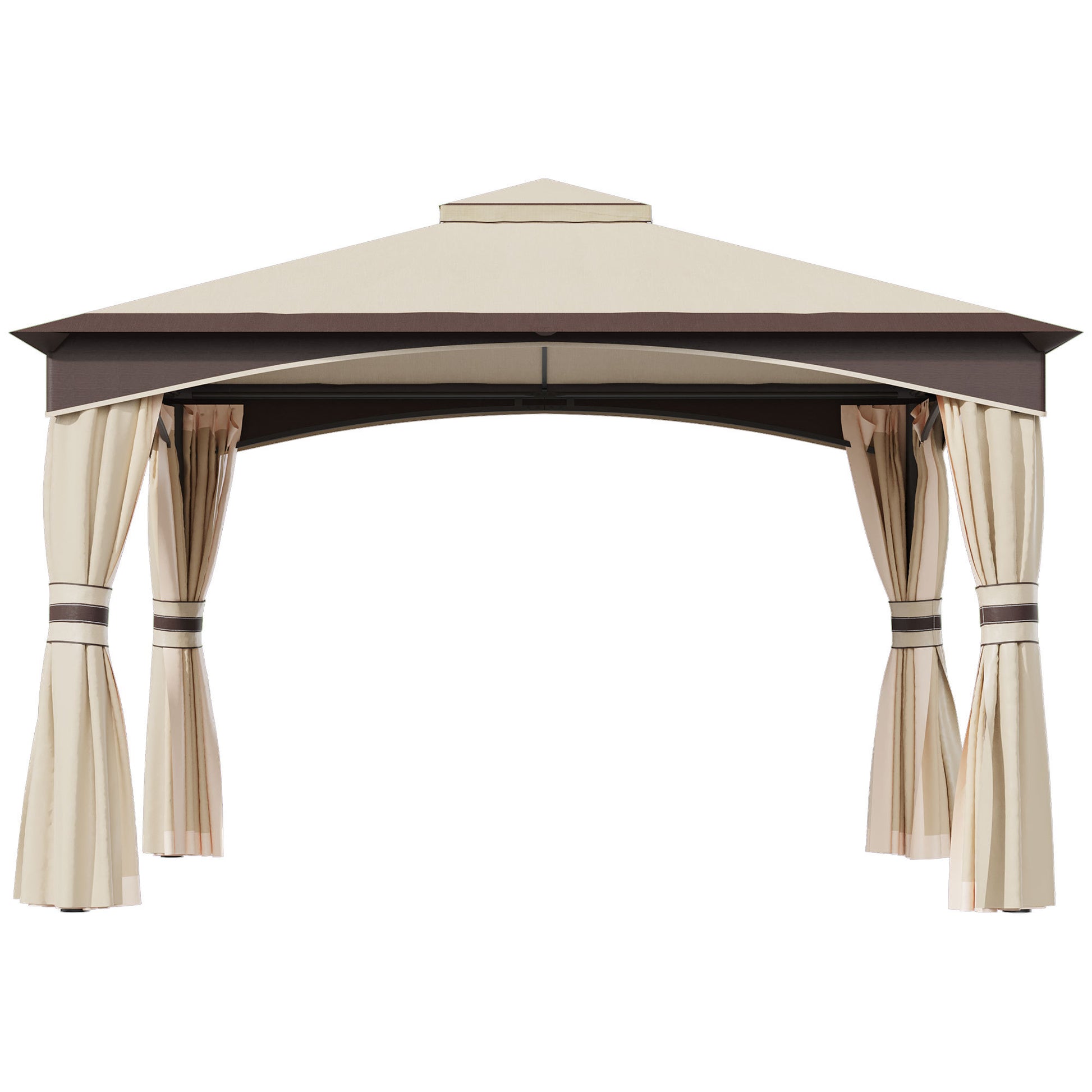 Outsunny 10' X 12' Outdoor Gazebo With Netting And Curtains, Patio Gazebo Canopy With 2 Tier Soft Top Roof And Steel Frame For Lawn, Garden, Backyard And Deck Beige Brown Steel