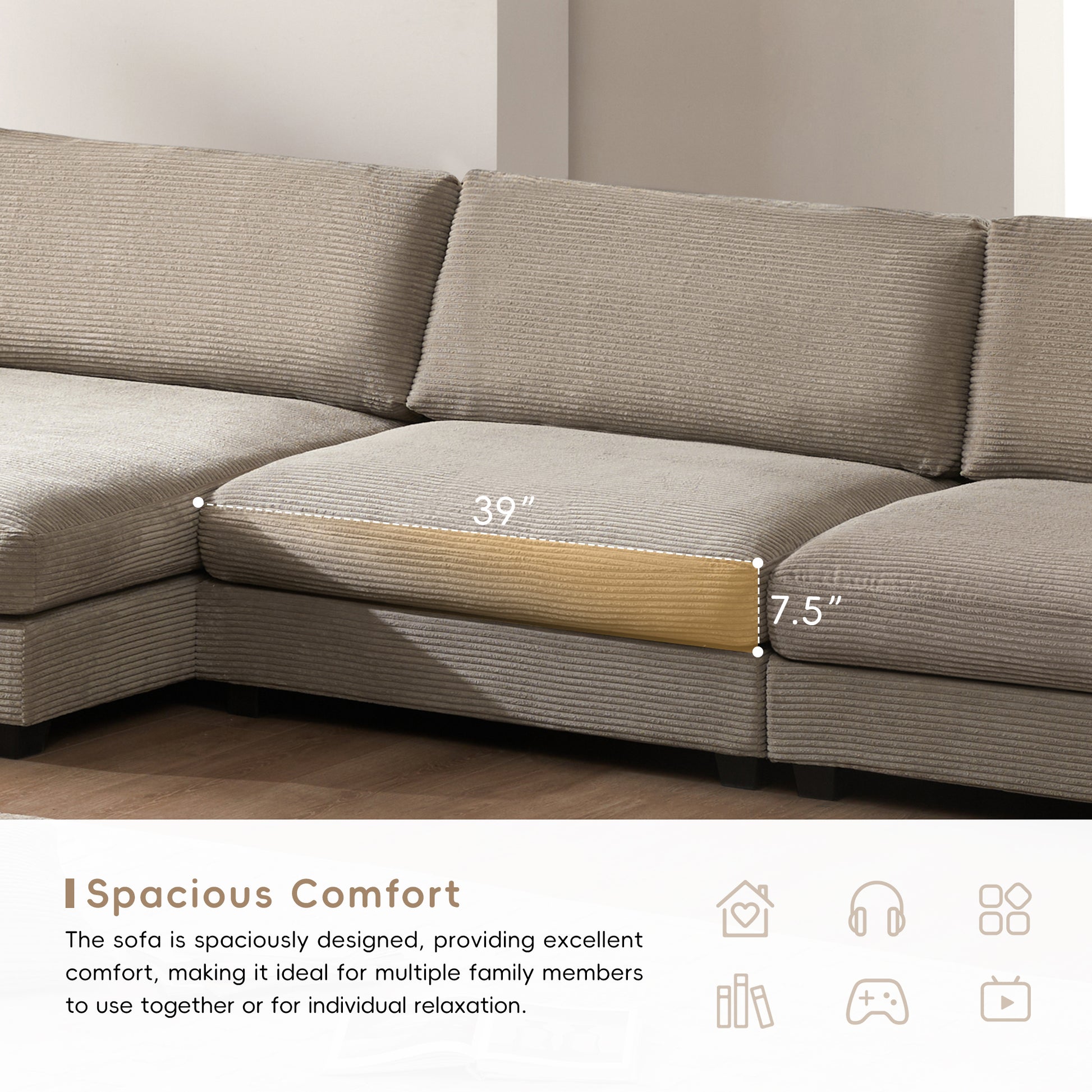 134*54"Oversized Corduroy Sectional Sofa,L Shaped Cloud Couch With Usb Charging Port,Cup Holder,Deep Seat Sofa Bed With 50" Chaise,Comfy Indoor Furniture For Living Room,3 Colors Khaki Corduroy 4 Seat