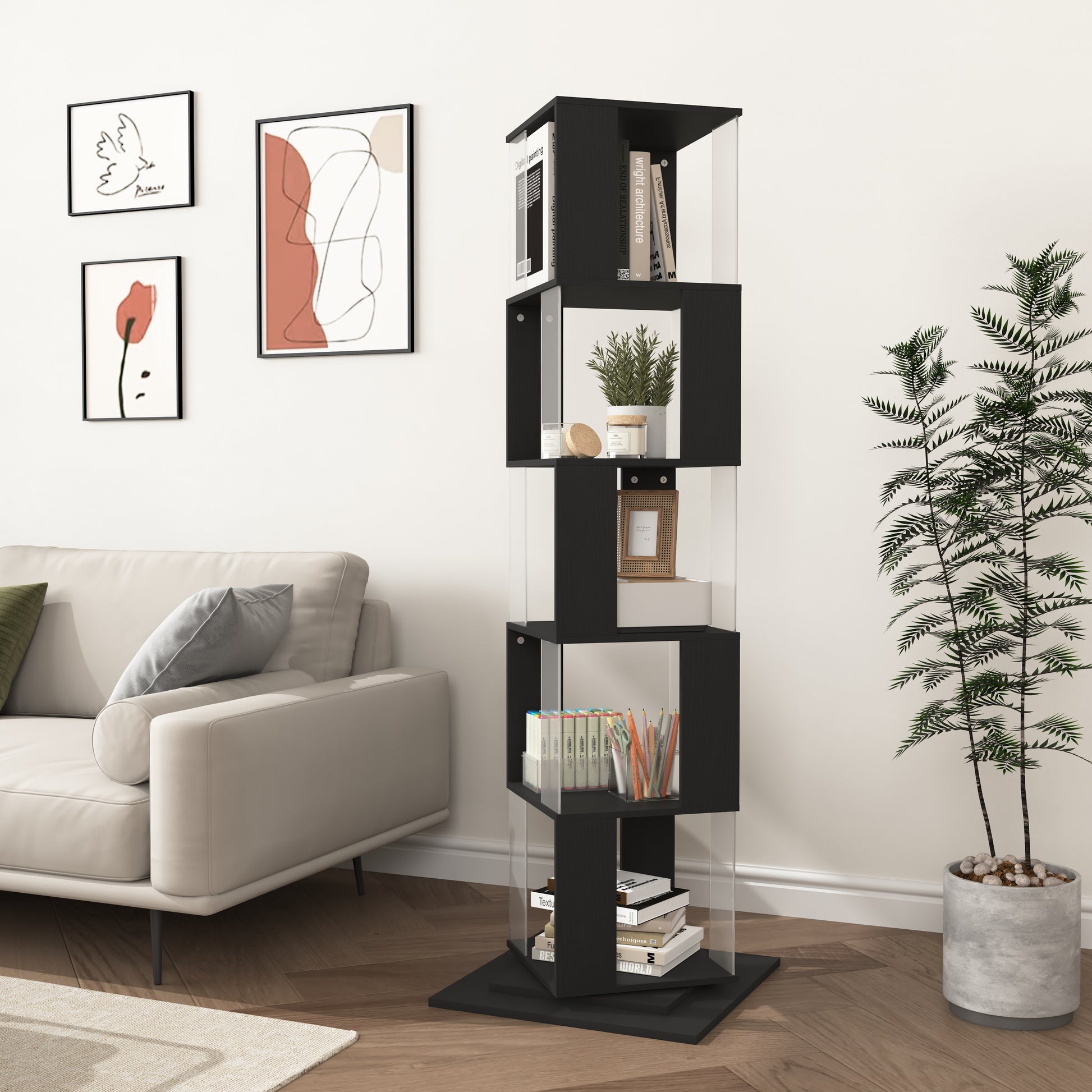 5 Tier Rotating Bookshelf, Floor Rack Simple Bookcase With Acrylic Plate Student Multi Function Creative Bookshelf For Living Room With Anti Toppling Base Black Particle Board