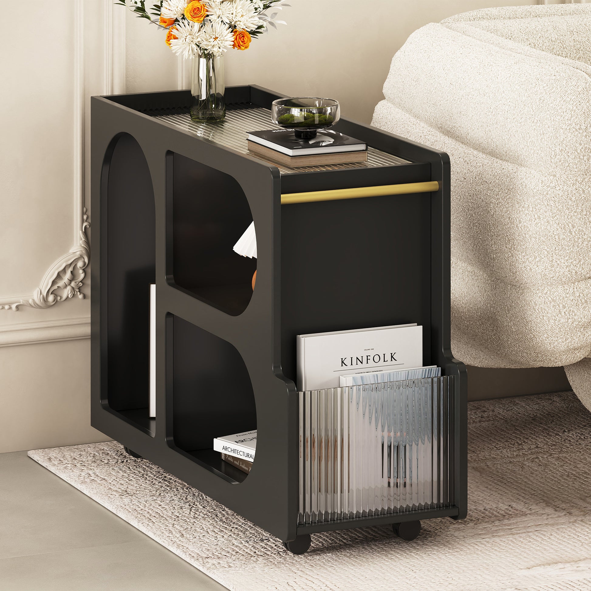 Mobile End Table With Lockable Wheels, Narrow Coffee Table With 5Mm Thick Fluted Tempered Glass, Modern Nightstand With Golden Round Rod, Living Room, Black, 31.5''W X11.8''D X 23.1''H Black Primary Living Space Mdf