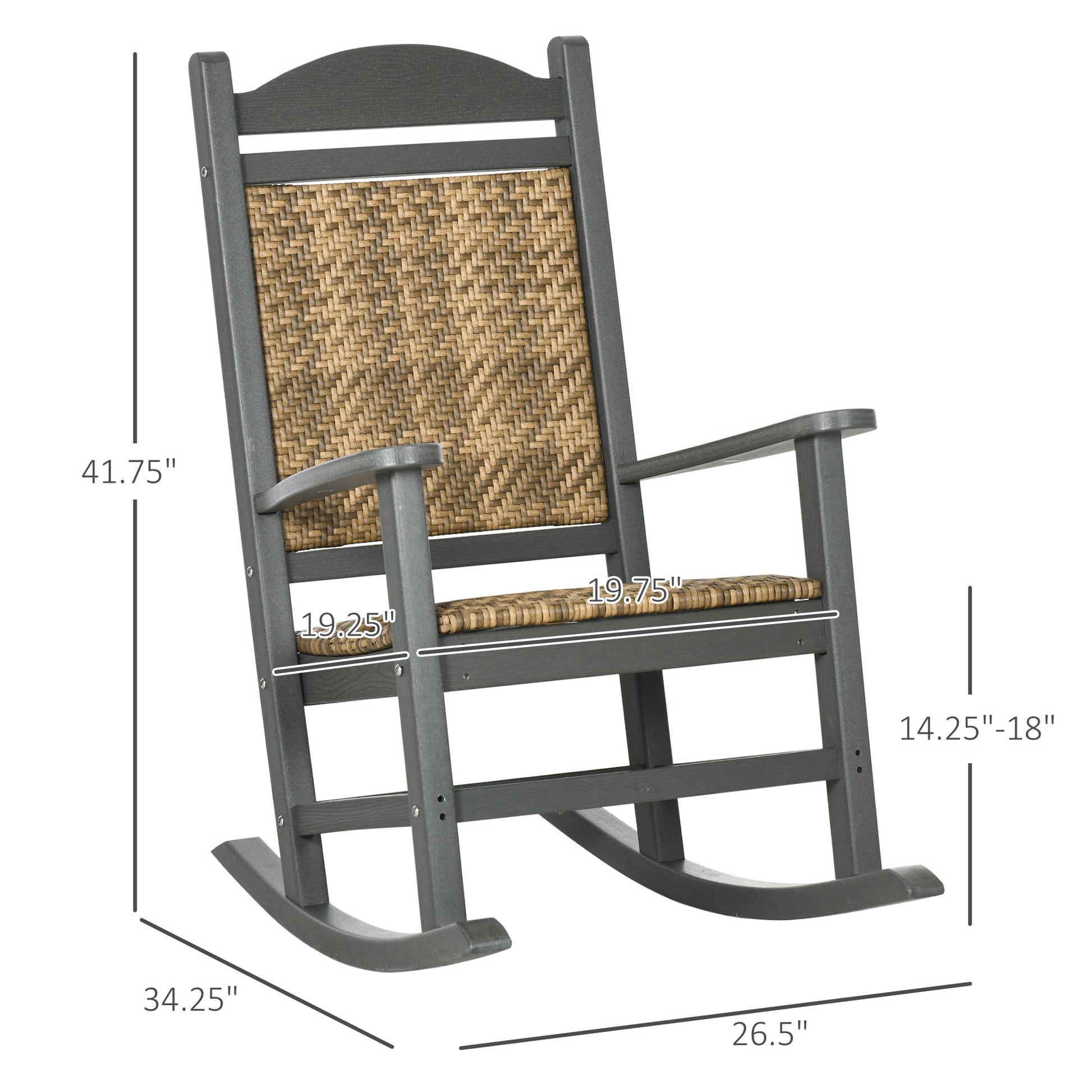 Outsunny Outdoor Rocking Chair, Traditional Wicker Porch Rocker W Soft Padded Seat,Backrest, Fade Resistant Waterproof Hdpe Frame With Pe Rattan For Indoor & Outdoor, Dark Gray Gray Hdpe