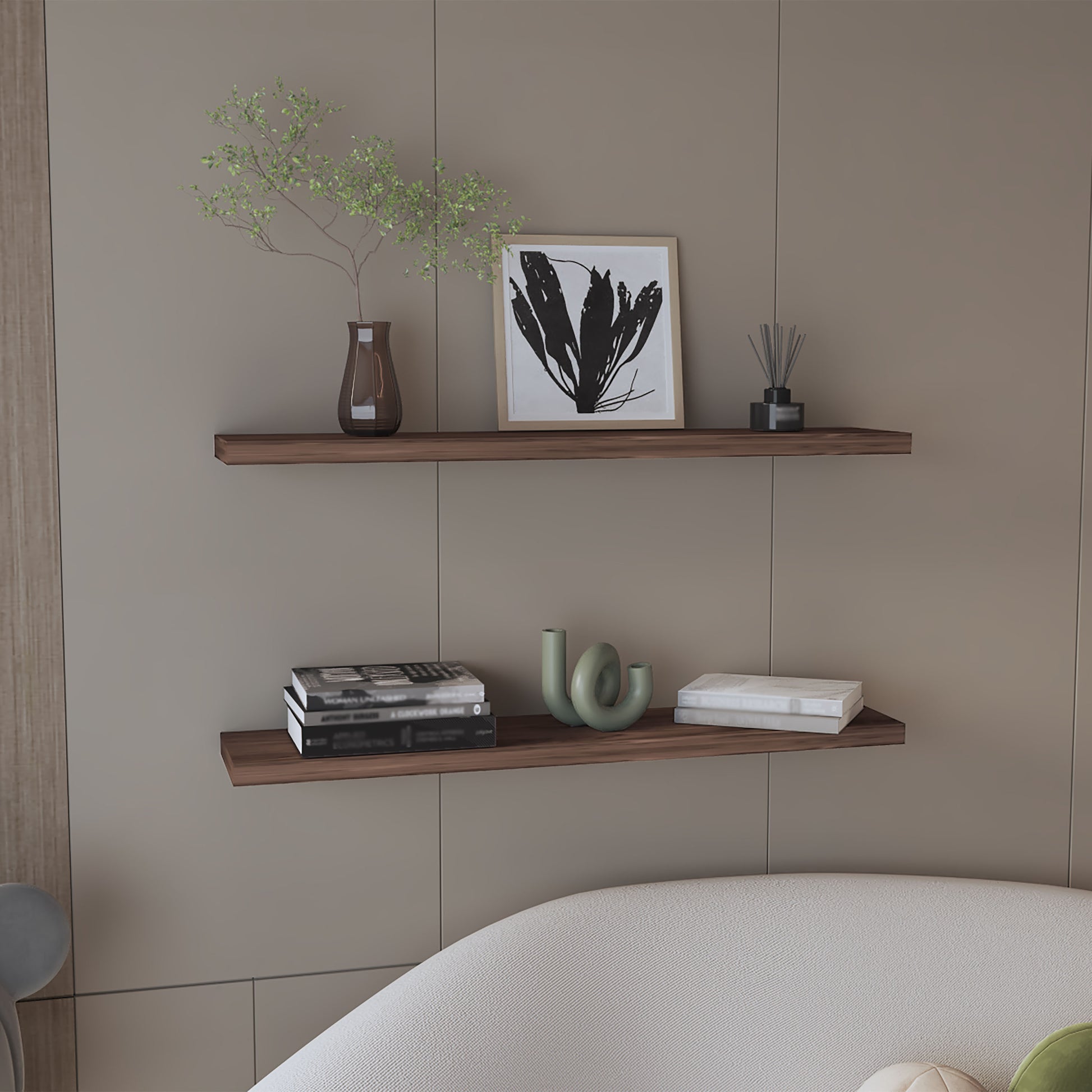 Ecco 47" Wide Floating Shelves Set Of 2, Shelves For Wall Decor For Bedroom, Bathroom Storage Shelves, Book Shelves For Living Room 2 Or Less Walnut Horizontal Primary Living Space Open Back Modern