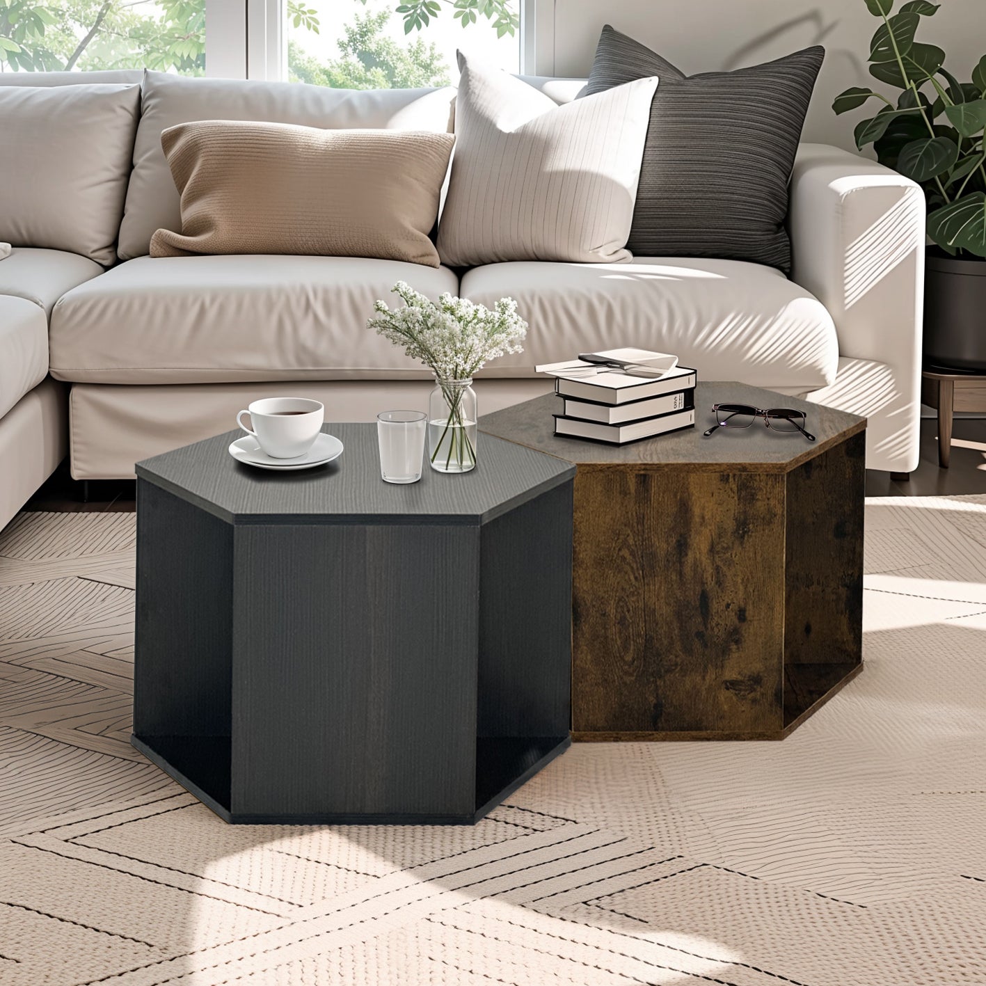 23.62'' Hexagonal Coffee Table Side Table Nightstand Burmese Sumac Black Brown Mdf