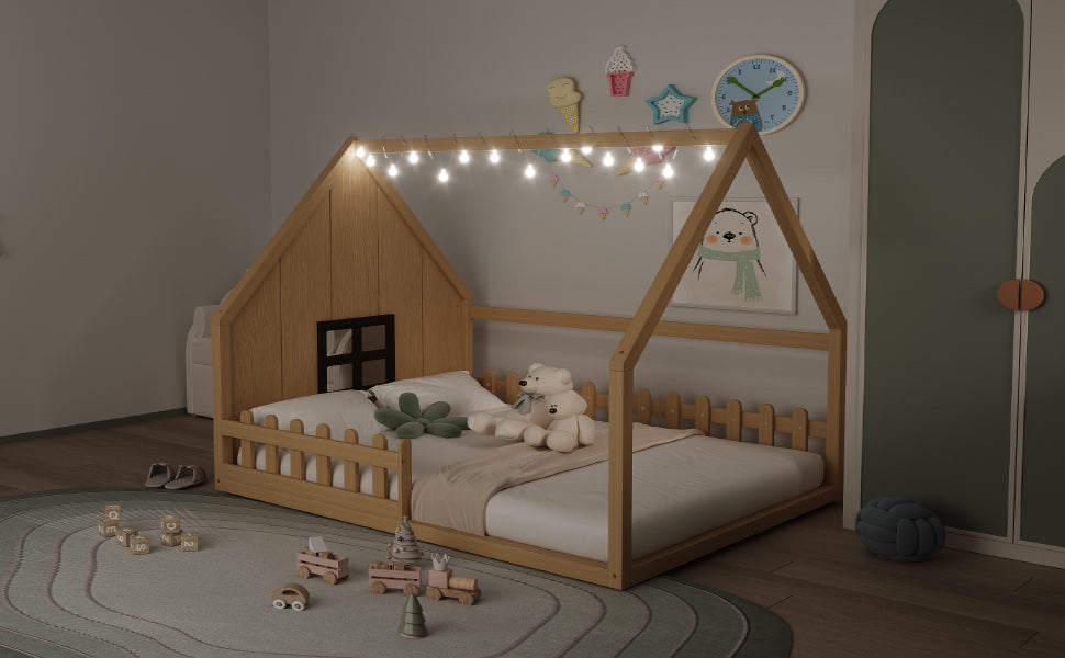 Full Size Wood House Bed With Window And Fence, Natural Old Sku: Wf304147Aa Box Spring Not Required Full Natural Wood Bedroom Pine Bed Frame Solid Wood Mdf