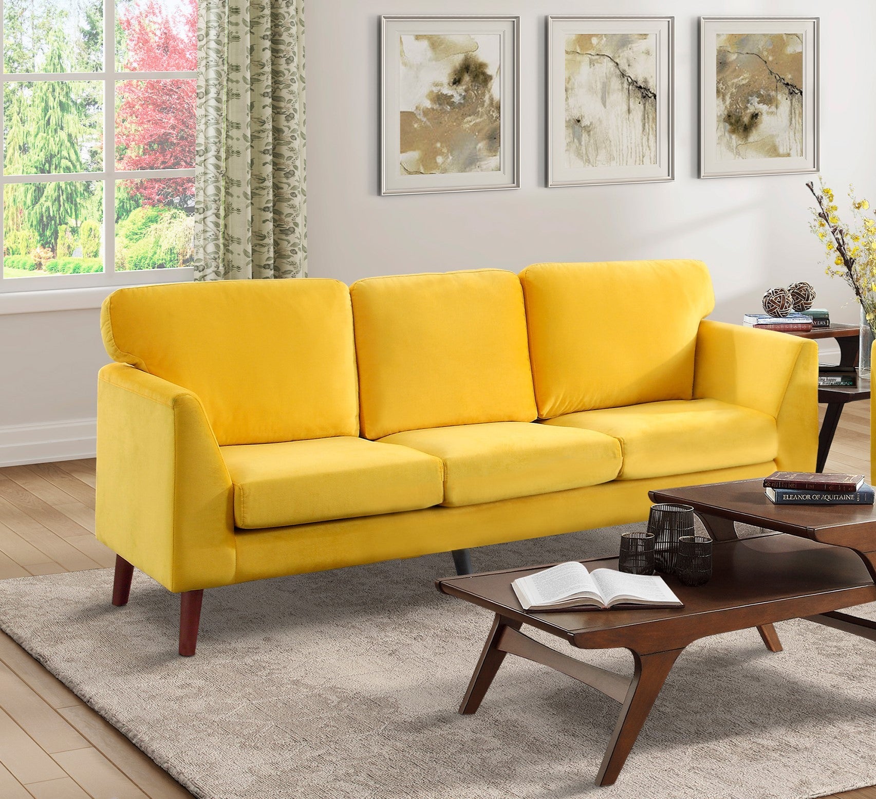 Modern Contemporary Living Room 1Pc Sofa Yellow Velvet Upholstery Dark Brown Legs Solid Wood Furniture Yellow Velvet Wood Primary Living Space Modern Solid Wood 3 Seat