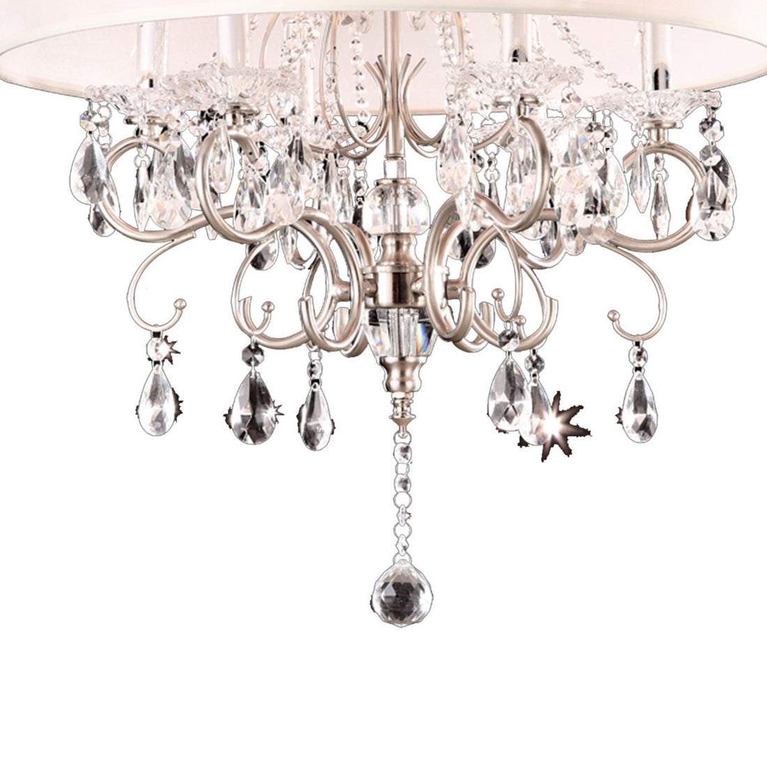 21" Tall Metal Chandelier With Silver Finish, White Shade With Crystal Accents Pink Metal