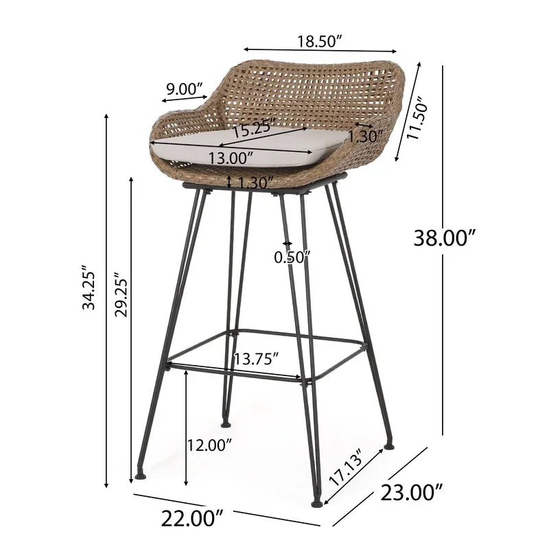 Outdoor 29.25'' Wicker And Iron Barstool With Cushion Set Of 2 Light Brown Garden & Outdoor Pe Rattan Iron Waterproof Fabric